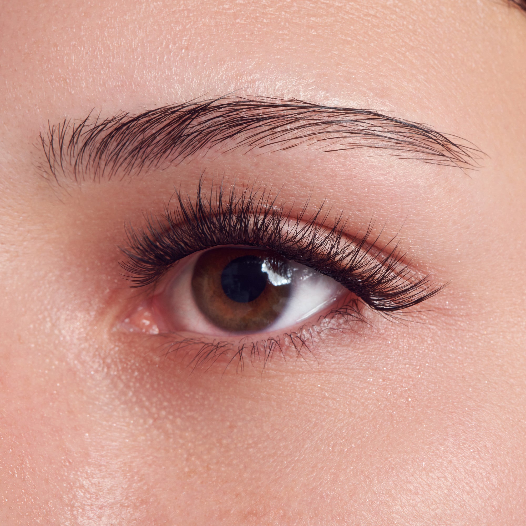 Close-up of open eye with brown iris, black eyeliner, and defined eyebrows on fair skin.