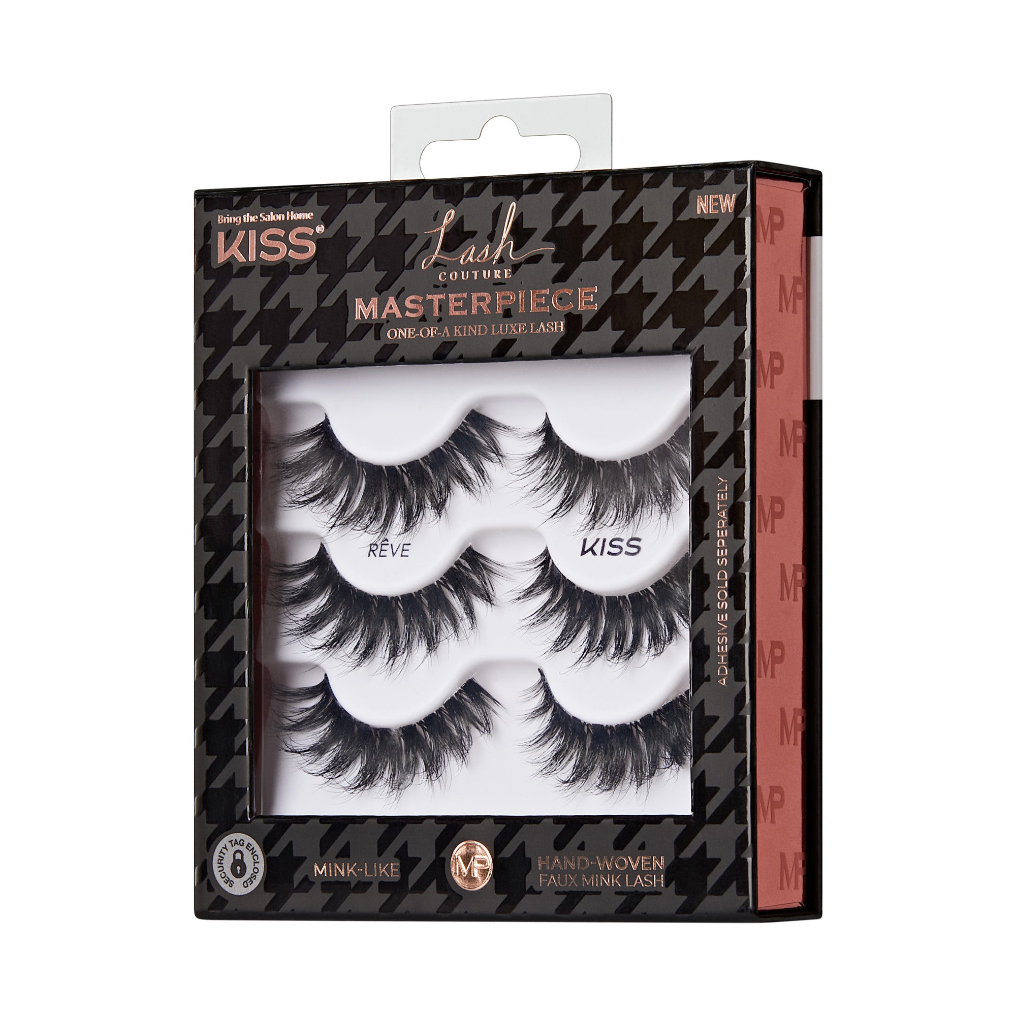 Kiss Lash Couture Masterpiece 6-pair false lashes in black packaging with houndstooth pattern.