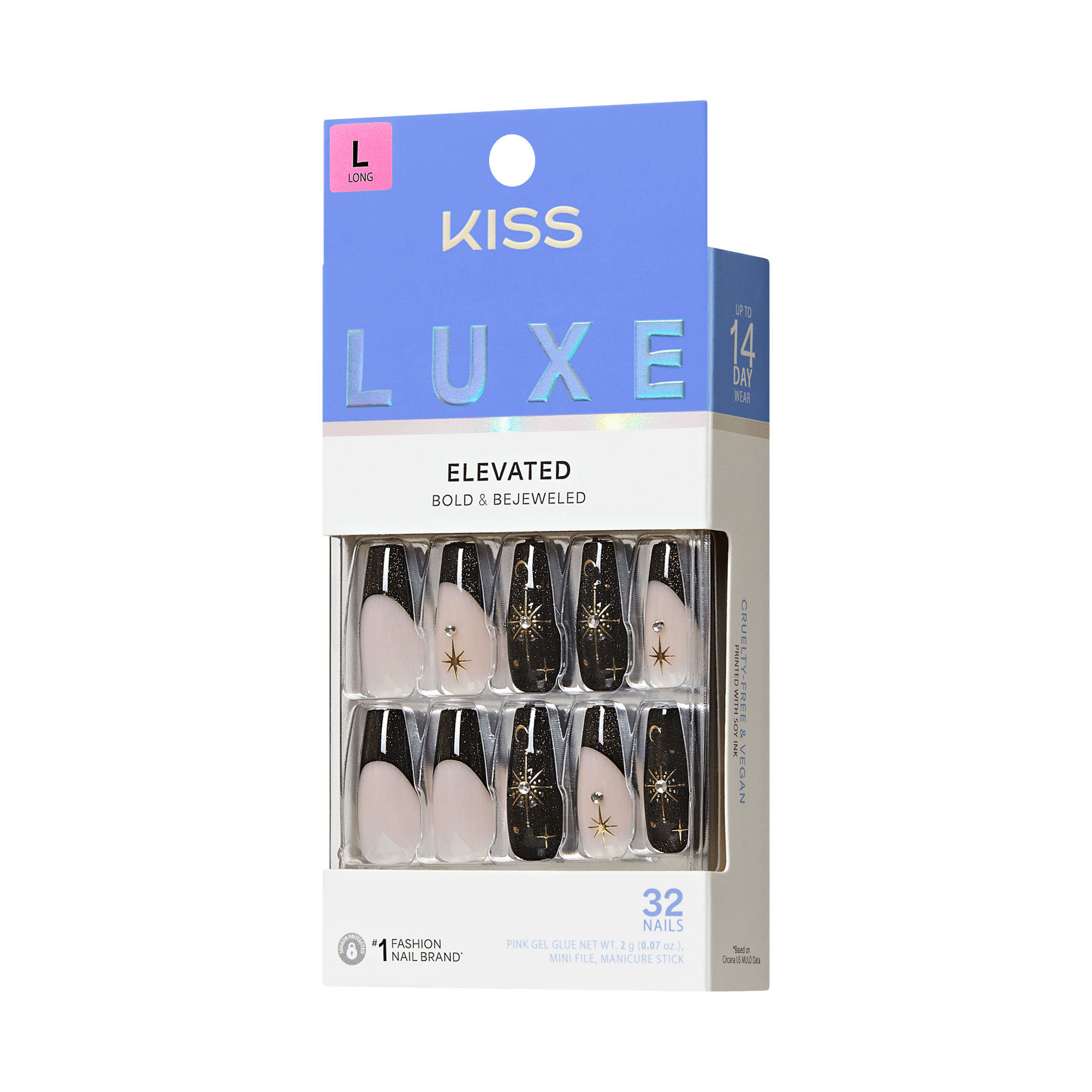 KISS Luxe Elevated 32 long press-on nails with black and nude star design