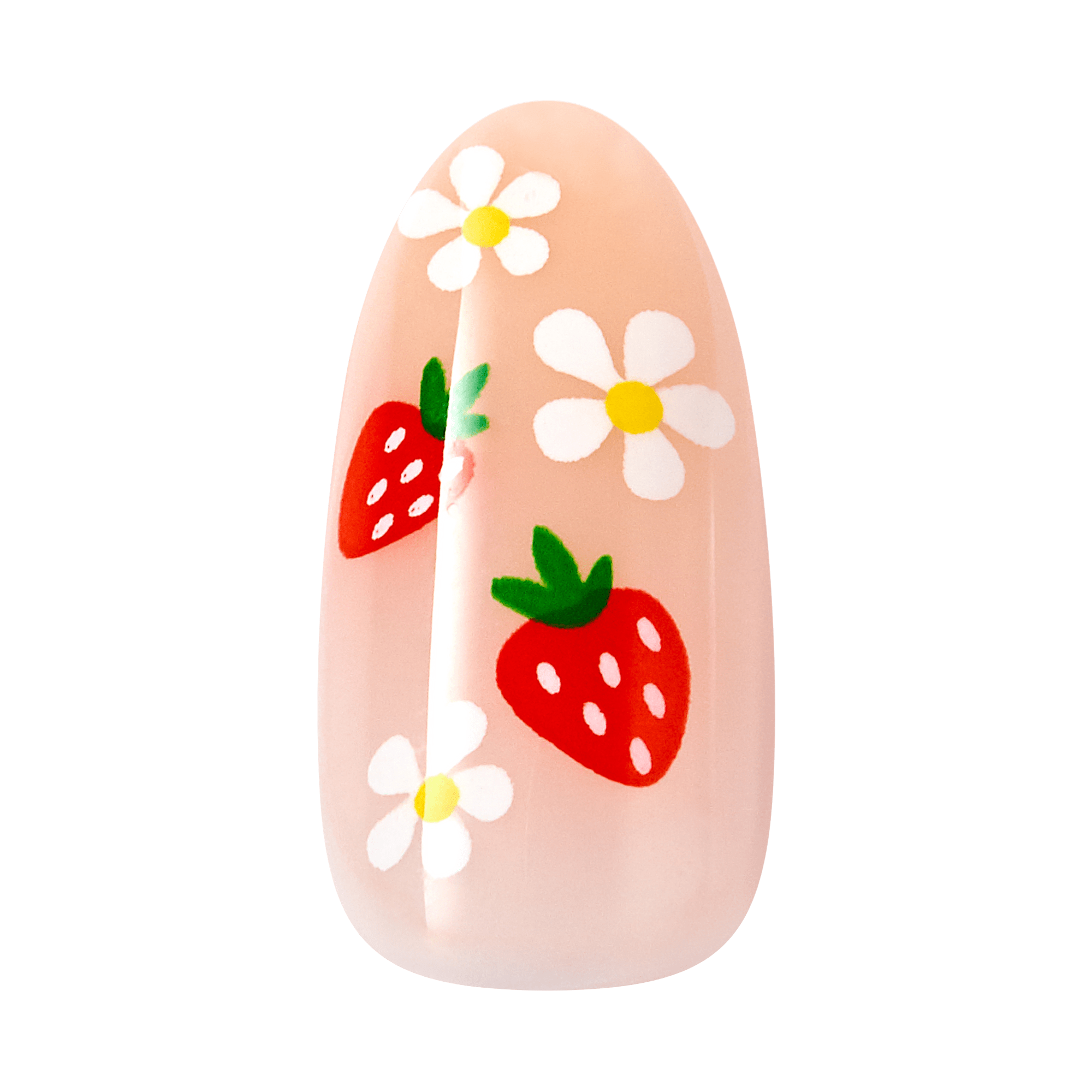 The image features a nail design on a long, almond-shaped nail tip. The base color is a soft, translucent pink. Decorated on the nail are three bright red strawberries, each adorned with white seeds, alongside several white daisies with yellow centers. The overall design is playful and vibrant, evoking a cheerful, summery vibe.