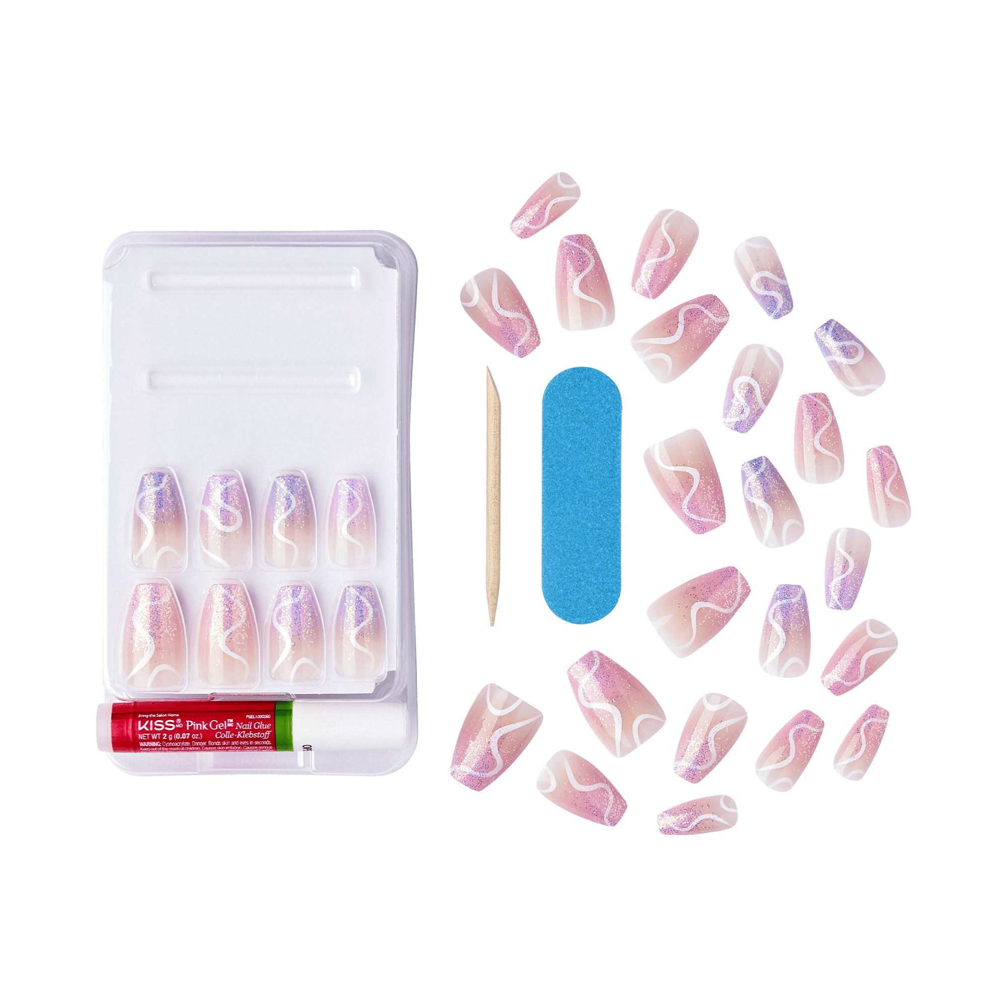 The image shows a set of artificial nails and related accessories. The set includes a variety of artificial nails with a pink and purple gradient design, featuring white wavy lines. The nails are displayed both in a plastic tray and scattered around it. Additionally, the set includes a small wooden cuticle stick, a blue nail file, and a tube of adhesive labeled "KISS Pink Gel Nail Glue." The overall presentation suggests a complete kit for applying and maintaining artificial nails.