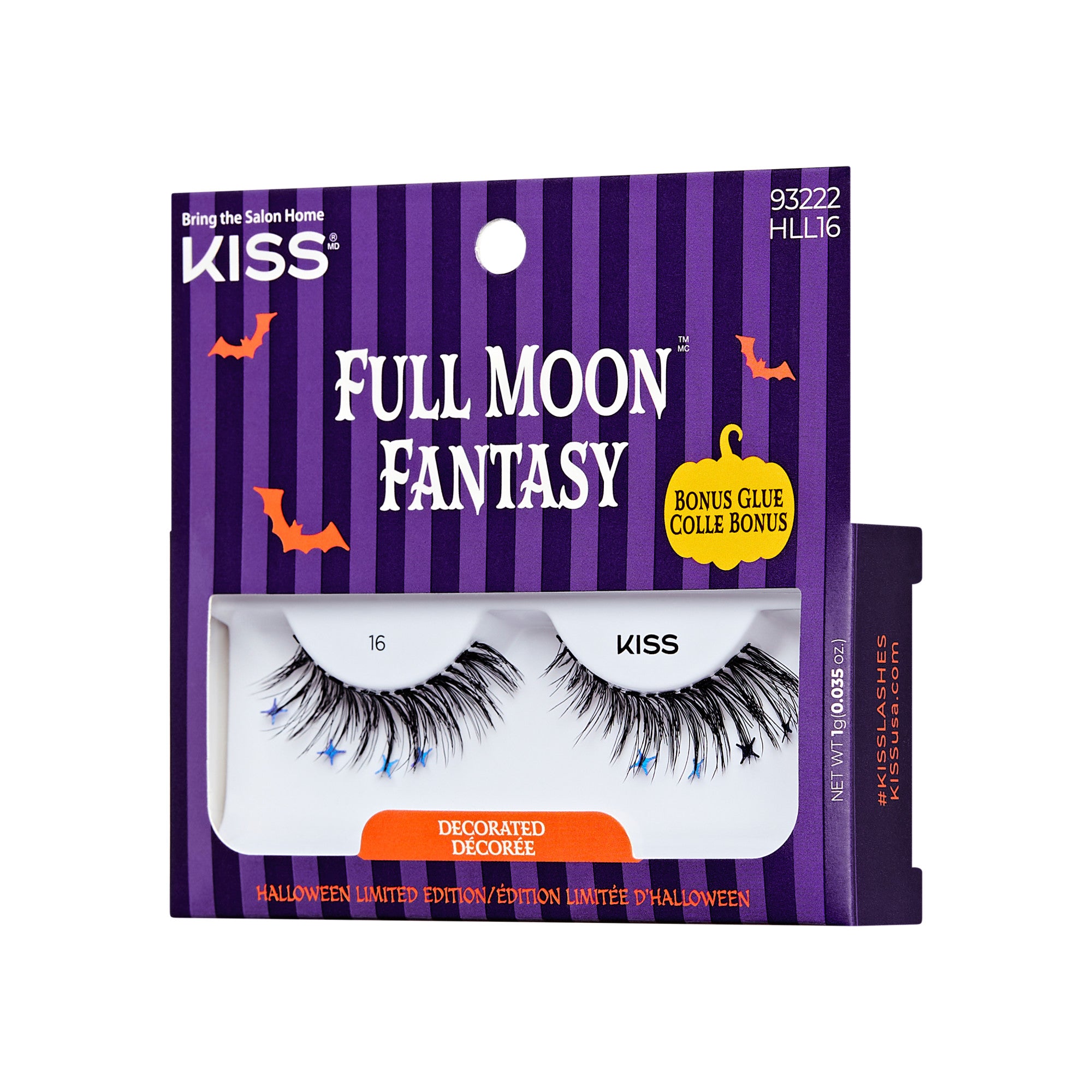 The image shows a package of false eyelashes from the brand "KISS." The product is named "Full Moon Fantasy" and is part of a Halloween limited edition. The packaging is predominantly purple with vertical stripes and features Halloween-themed decorations, including a bat and a crescent moon. The package includes a bonus glue. The eyelashes are labeled as "Decorated Décoré" and have the number "16" on them. The product code "93222 HLL16" is also visible on the top right corner of the package.