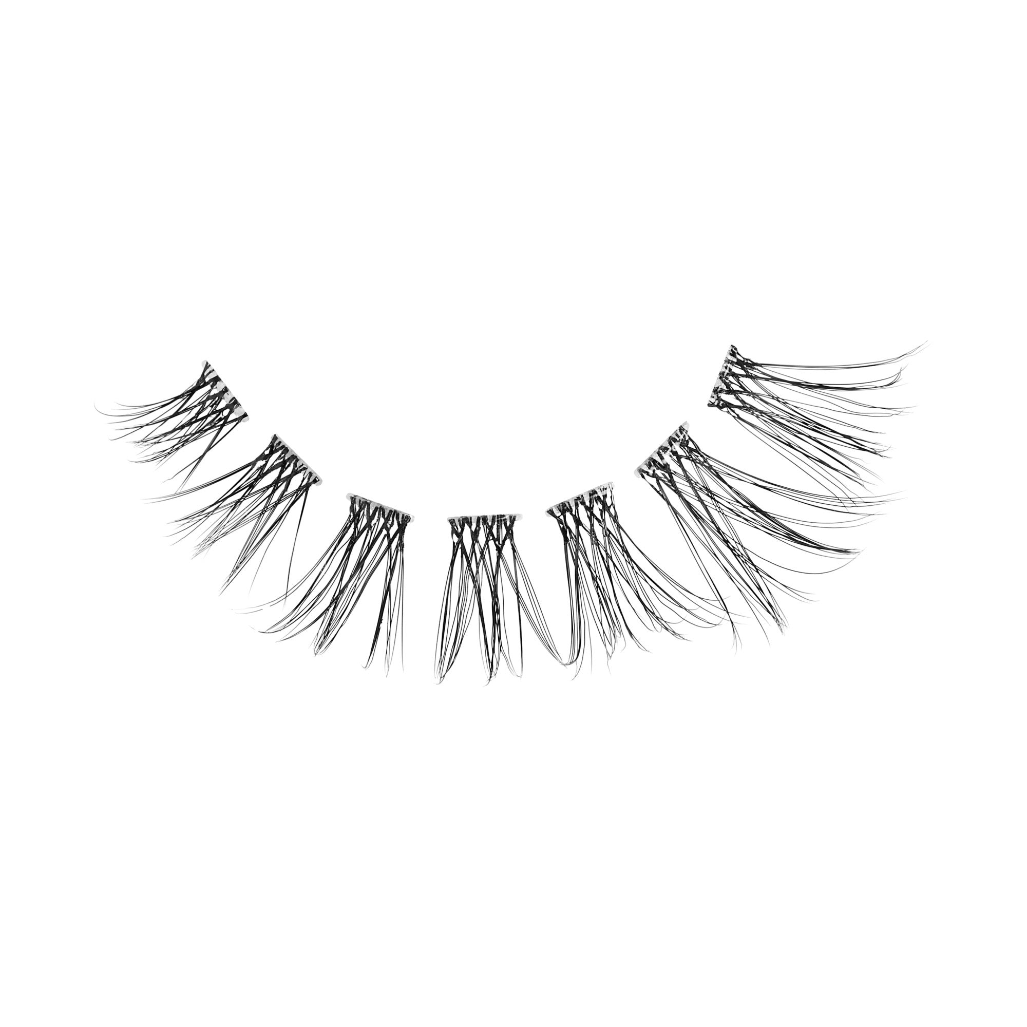 Pair of black false eyelashes with wispy, layered fibers on white background.