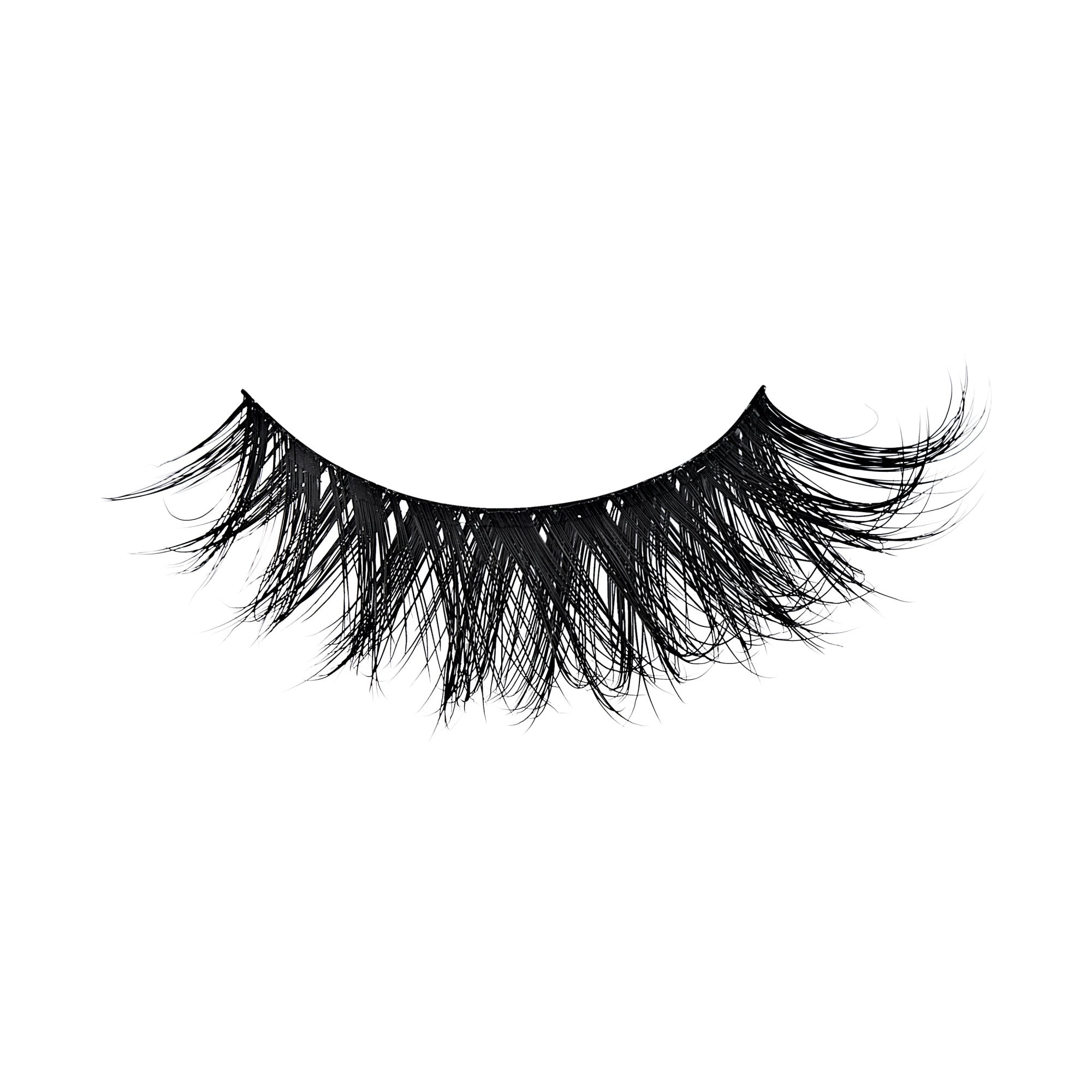 Pair of dramatic black false eyelashes with voluminous, layered fibers on white background.