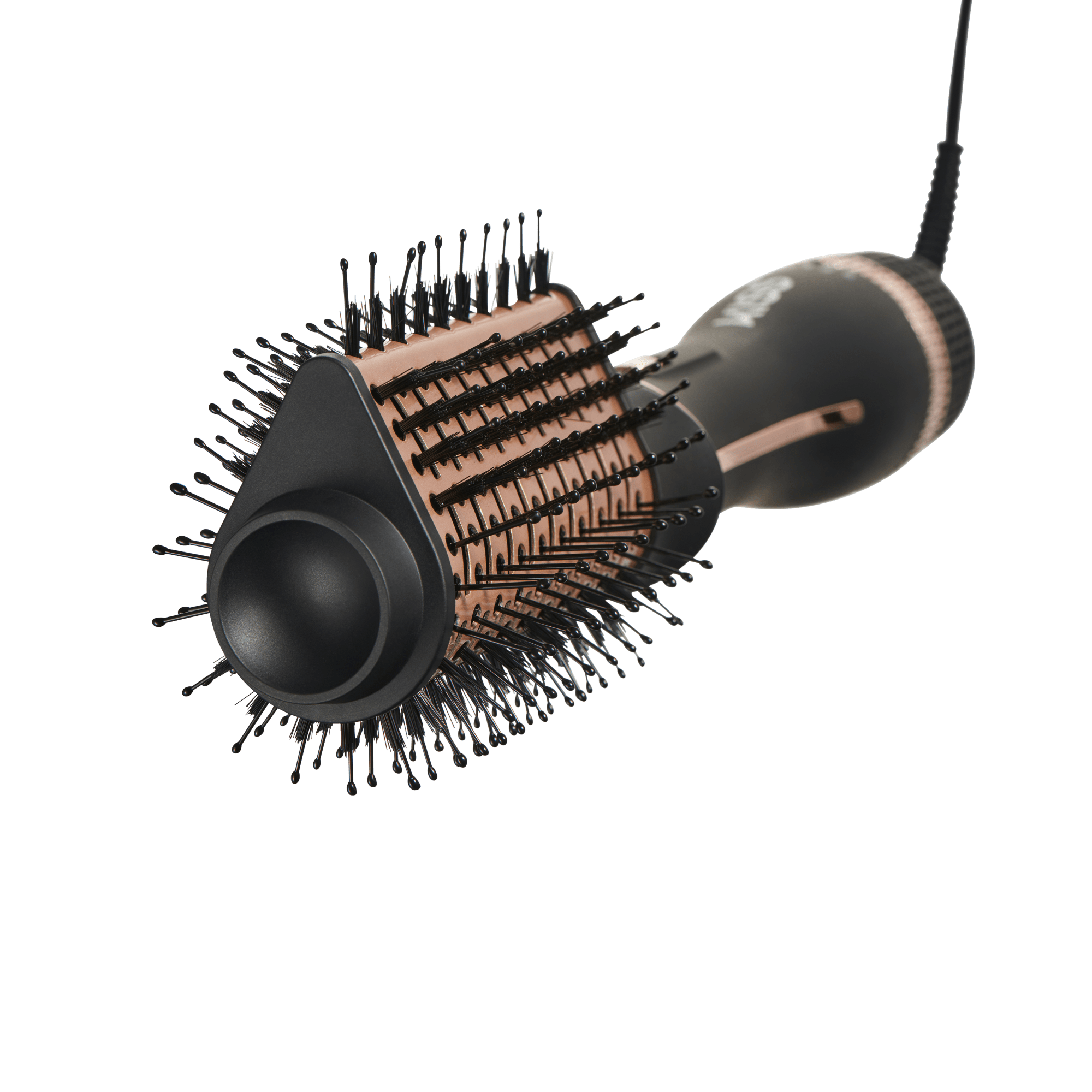 The image shows an electric hair styling tool, specifically a hot air brush. The device has a cylindrical barrel with bristles protruding from it, designed to help with styling and drying hair simultaneously. The barrel appears to have a combination of short and long bristles, likely for detangling and smoothing hair. The handle is ergonomically designed for easy grip and has a power cord attached to it. The color scheme of the tool is primarily black with rose gold accents.