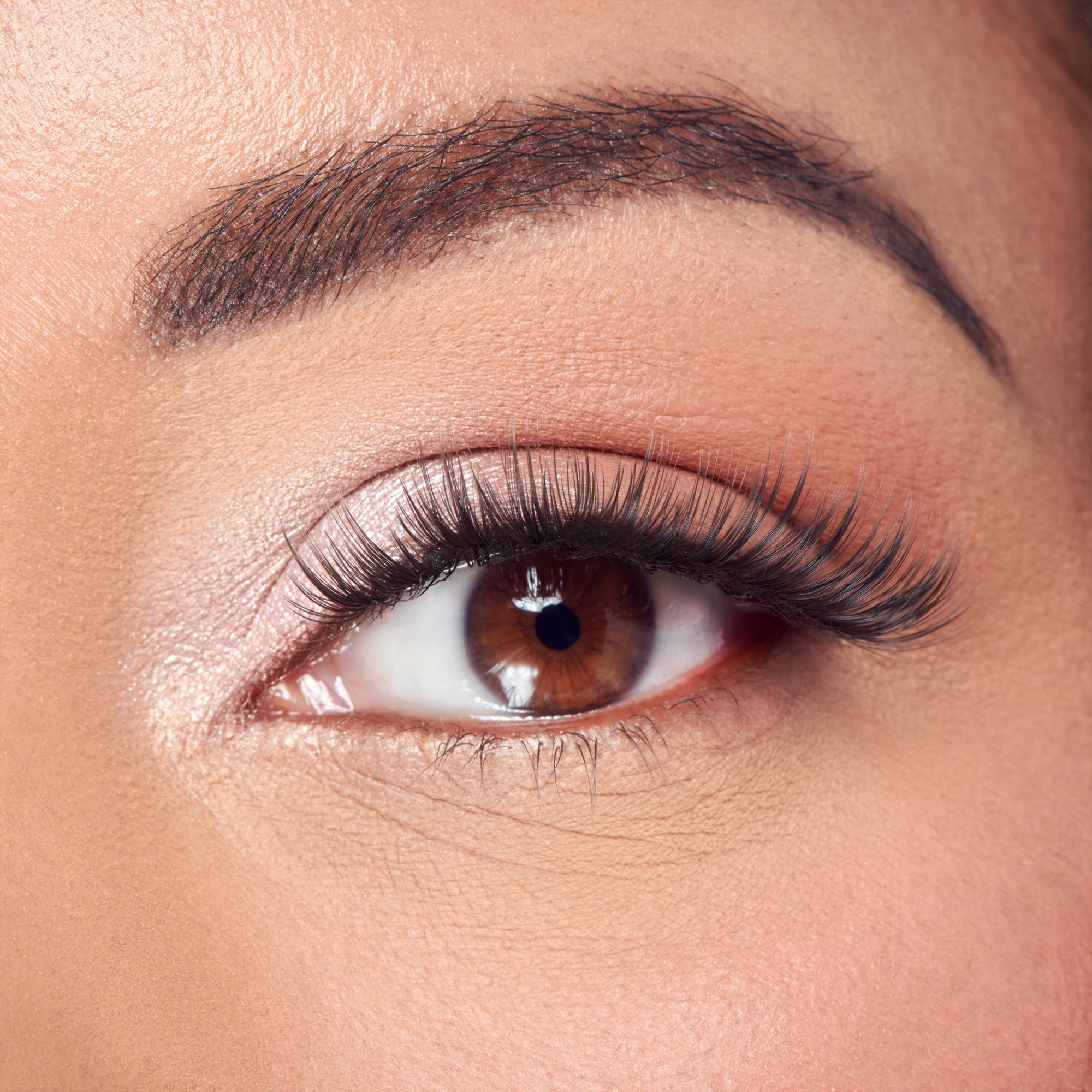 Close-up of eye with full dark lashes, brown iris, and warm peachy eyeshadow.