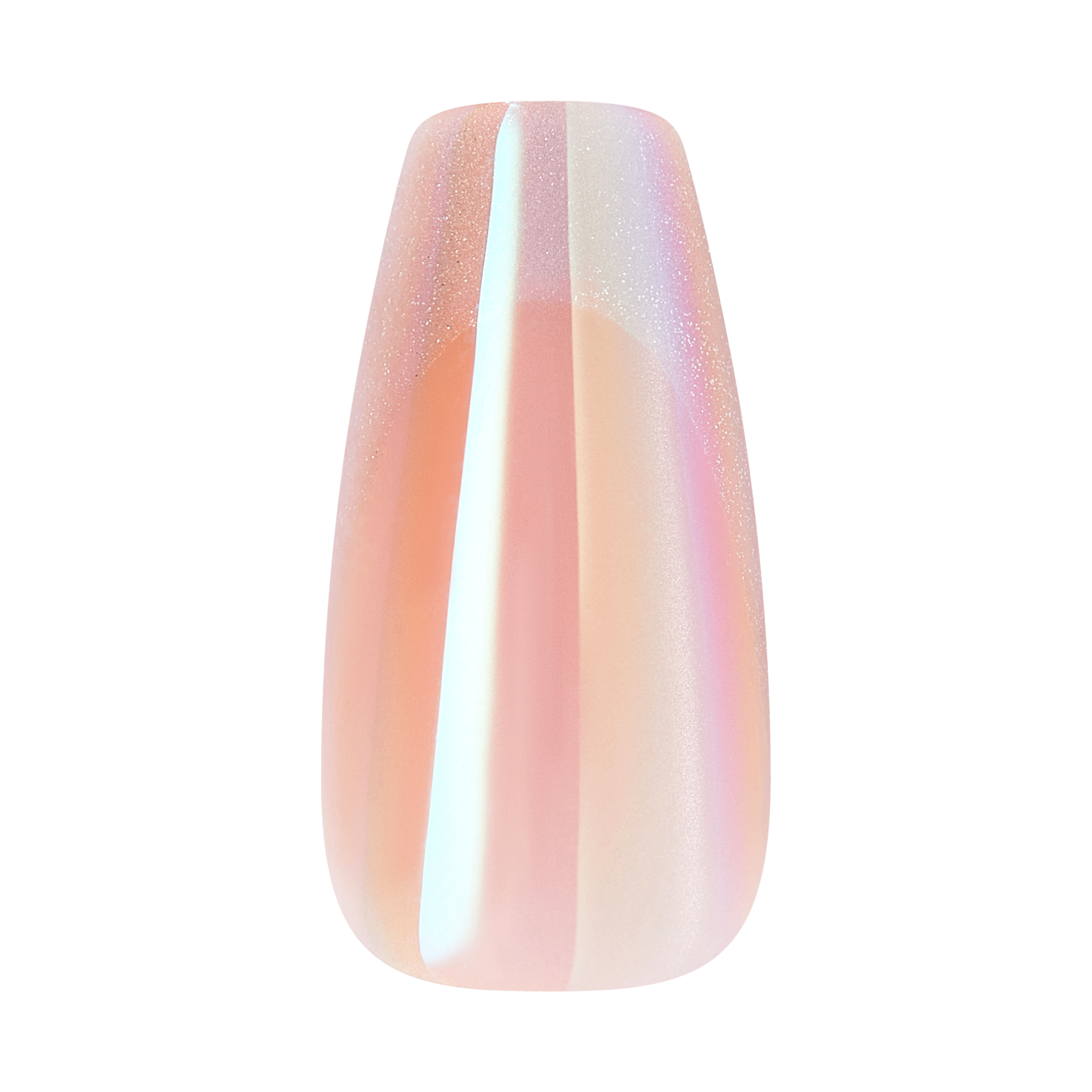 Glossy coffin-shaped nail with iridescent pink and white gradient finish.