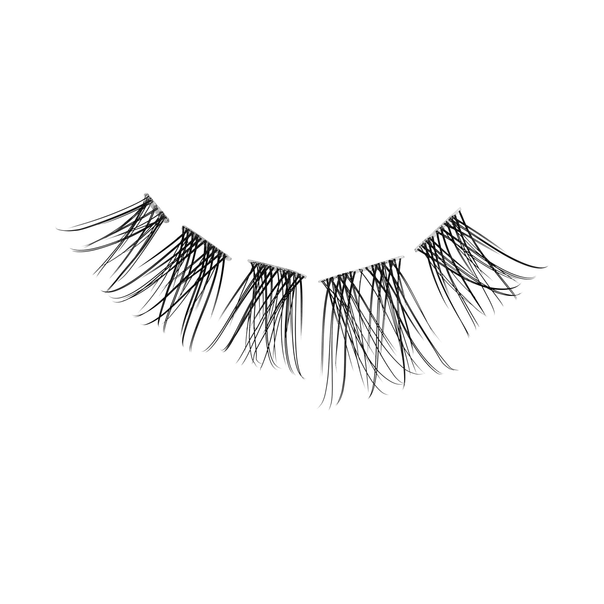 Pair of black false eyelashes with layered, feathered design on white background.