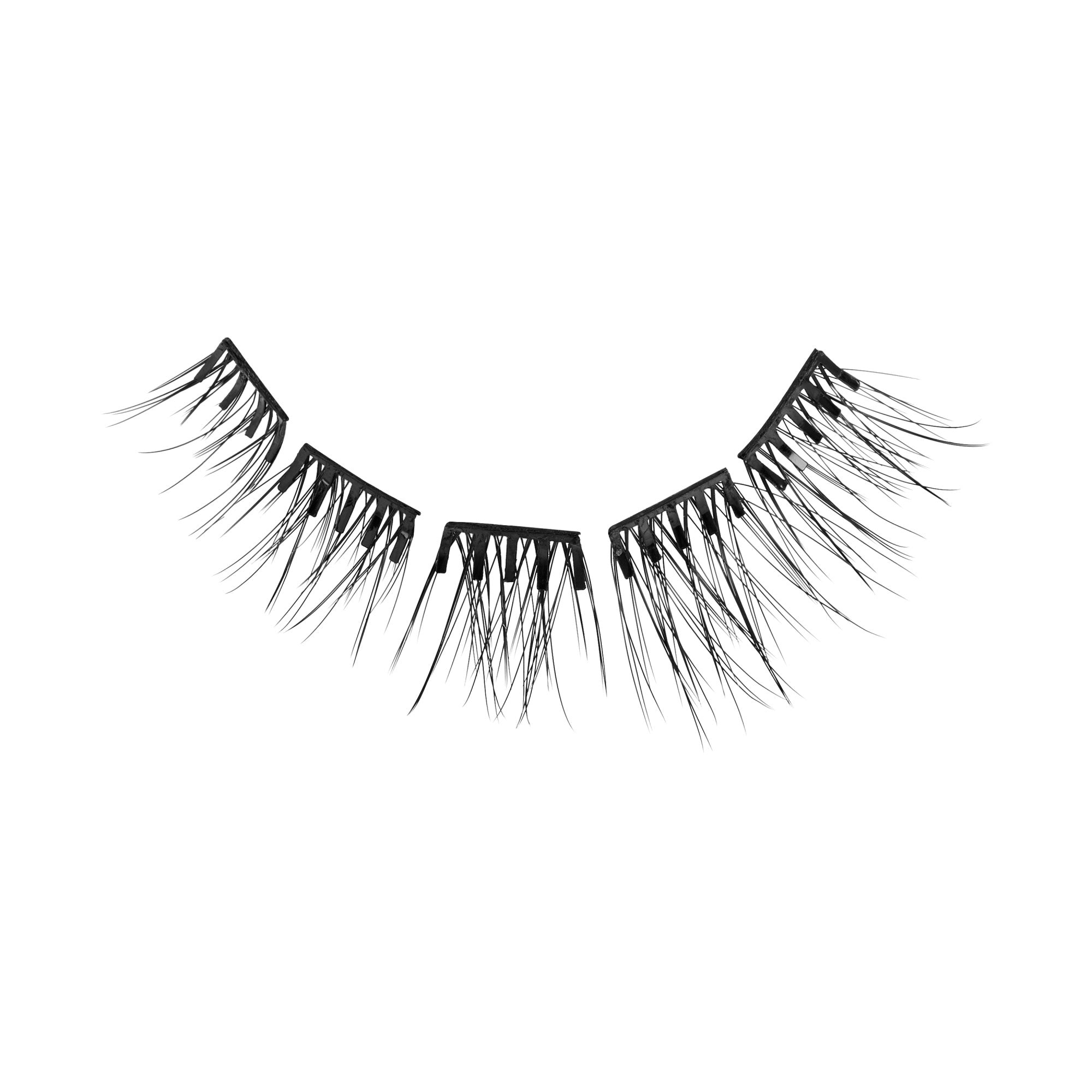 Five sections of natural-looking black self-adhesive false eyelash clusters arranged side by side, showing wispy, separated lash strands.