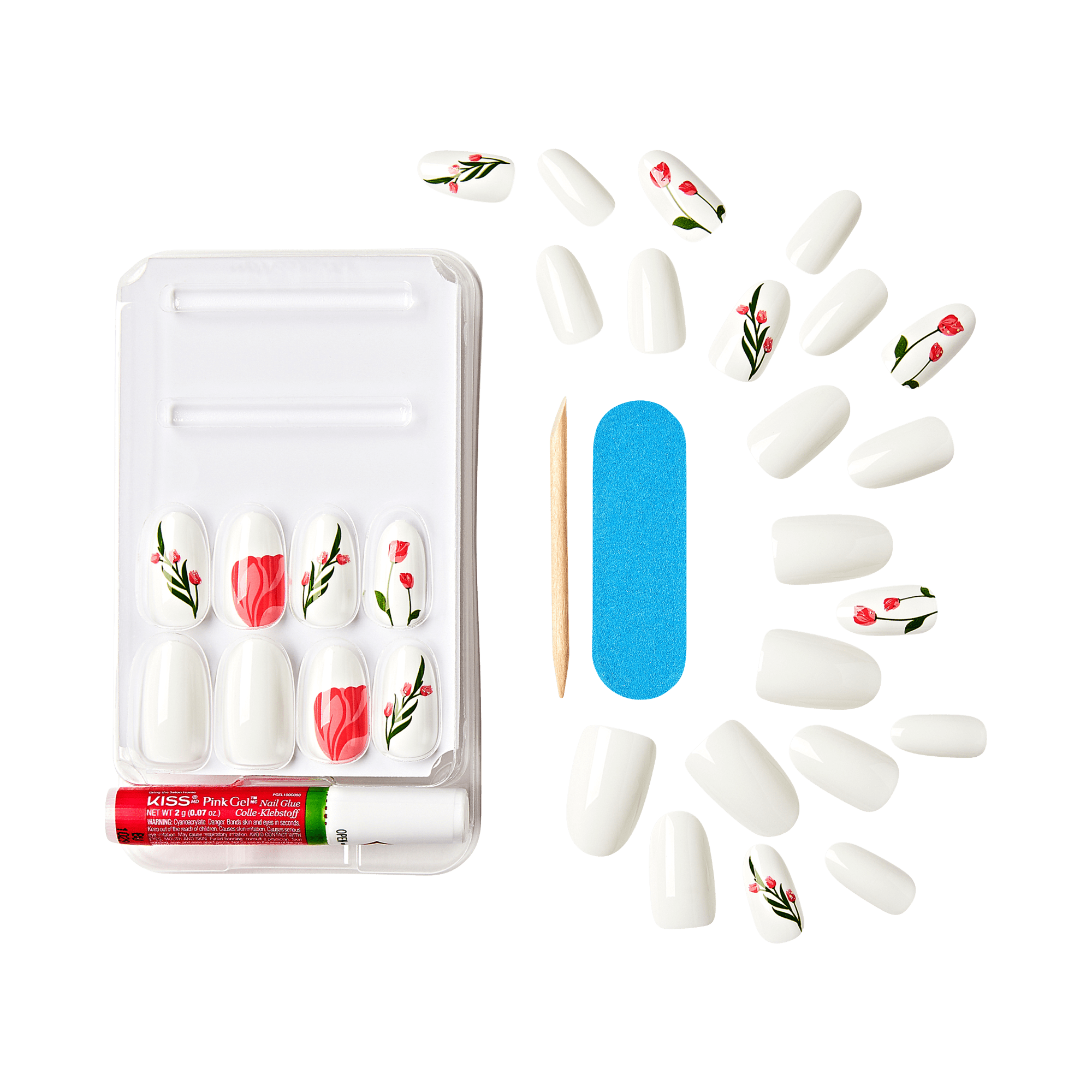 The image shows a set of artificial nails and nail care tools. The set includes multiple white artificial nails, some of which are decorated with red and pink floral designs. The nails are arranged in a plastic tray. Additionally, the set contains a small blue nail file, a wooden cuticle stick, and a tube of adhesive labeled "KISS Pink Gel Nail Glue." The overall presentation suggests a kit for applying and decorating artificial nails at home.