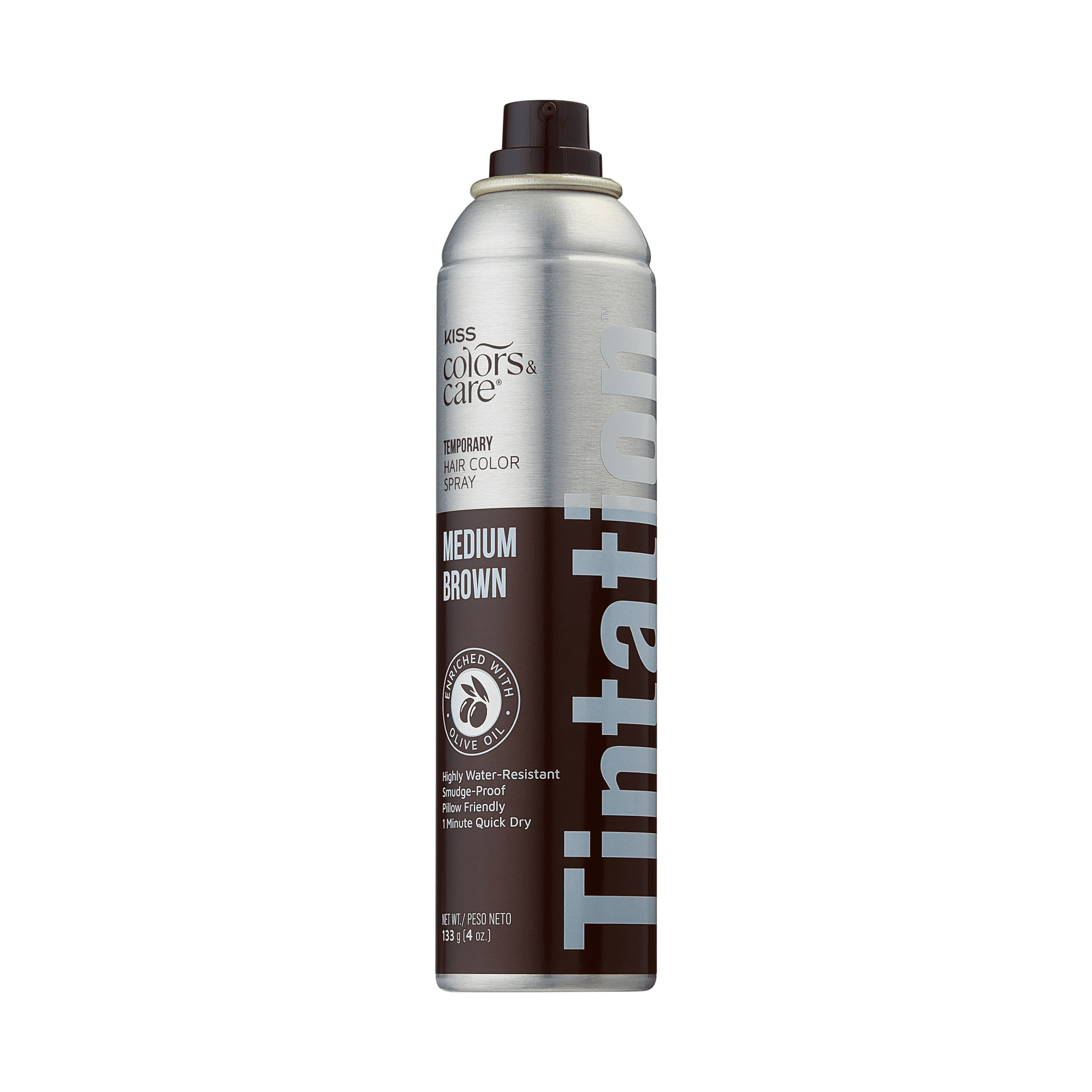 The image features a can of temporary hair color spray from the brand "Kiss Colors & Care." The can is predominantly silver with a dark brown label. The label prominently displays the product name "Tintation" and indicates the shade "Medium Brown." It also includes descriptions such as "Highly Water-Resistant," "Flame Proof," and "Fast Drying." The can is designed for easy application and is intended for temporary hair coloring.