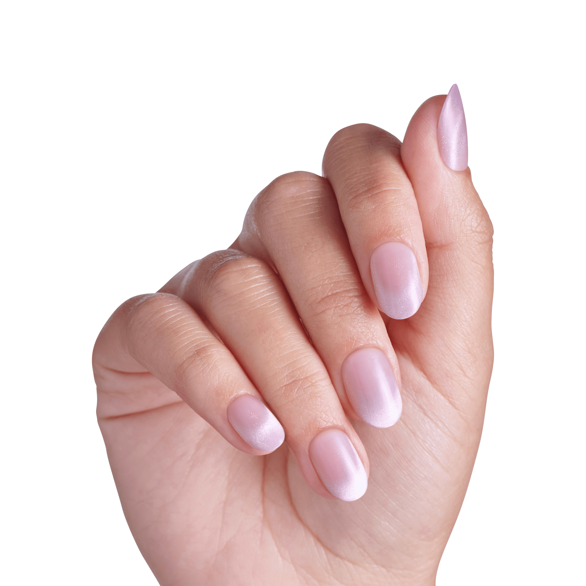 Hand displaying soft pink oval and almond-shaped manicured nails against white background.