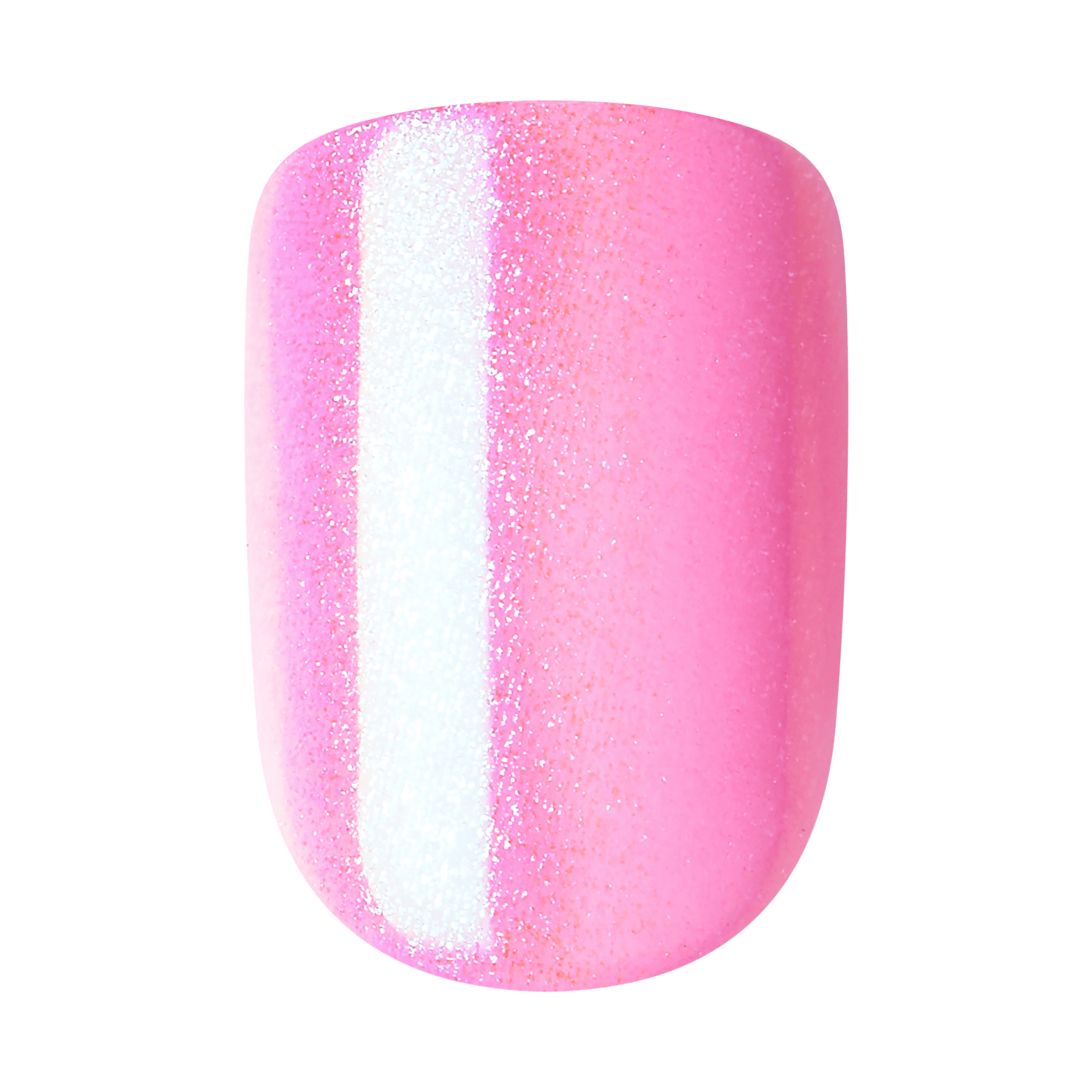 The image shows a single artificial nail with a glossy finish. The nail features a gradient design, transitioning from a bright, glittery white on the left side to a vibrant, glittery pink on the right side. The surface of the nail is smooth and shiny, reflecting light to enhance the glitter effect. The overall appearance is stylish and eye-catching, suitable for a fashionable and trendy look.