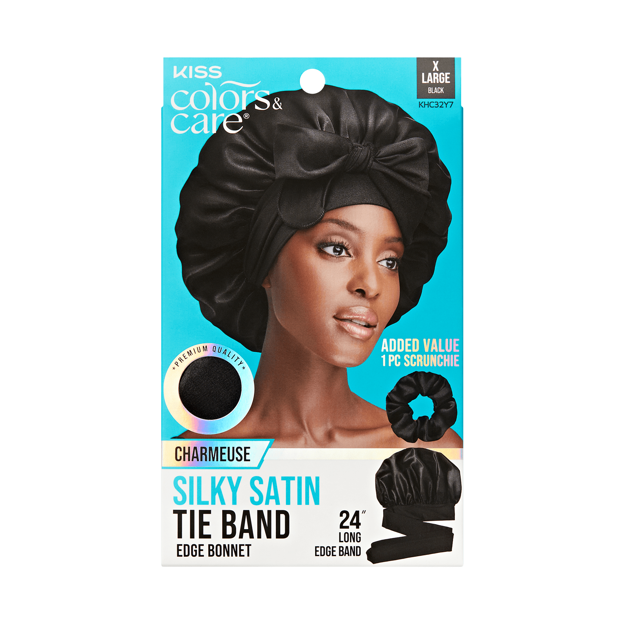 KISS Colors & Care Silky Satin Tie Band Edge Bonnet, Black, Large