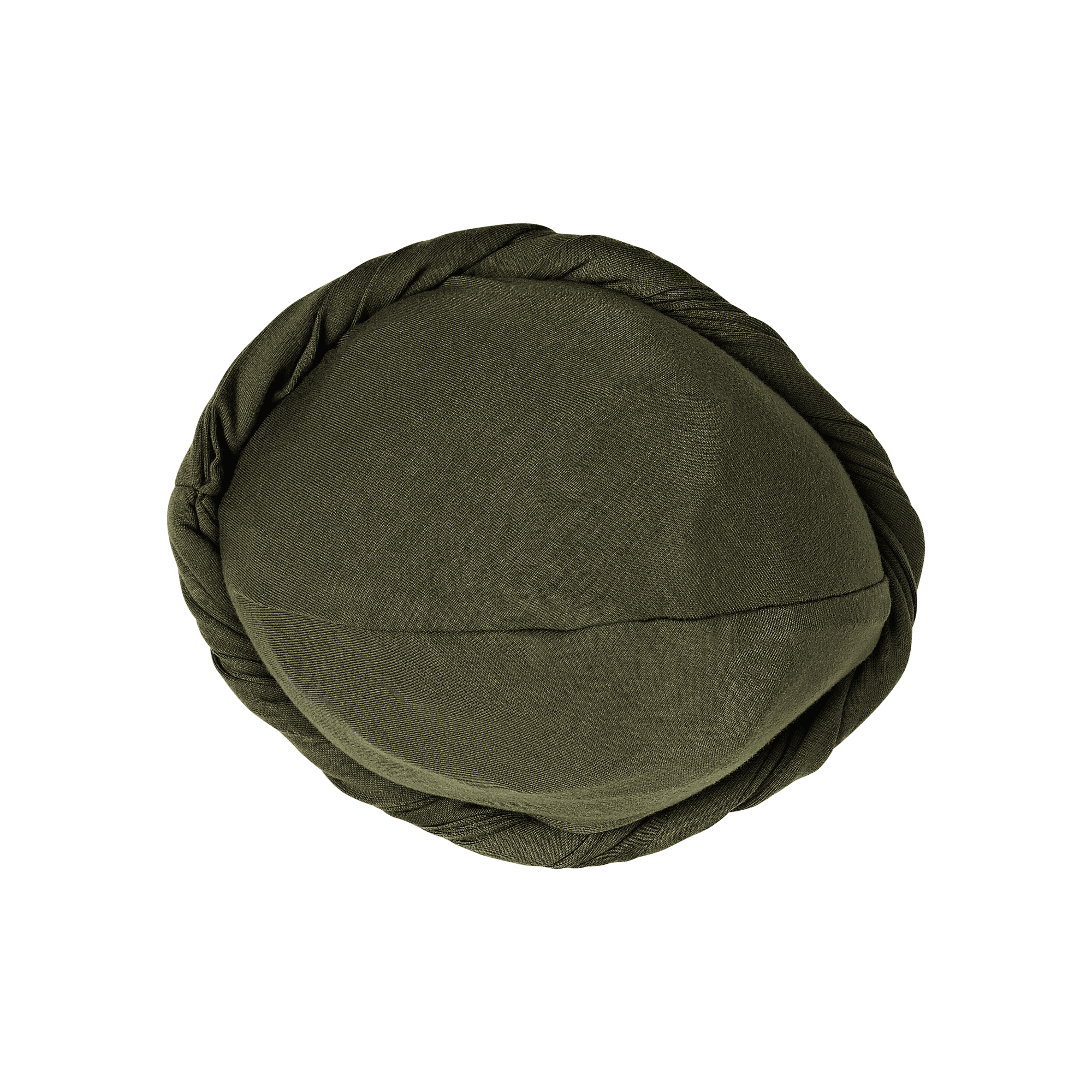 Olive green premium satin-lined halo turban in a pre-tied, twisted design, shown from a top flat-lay view.