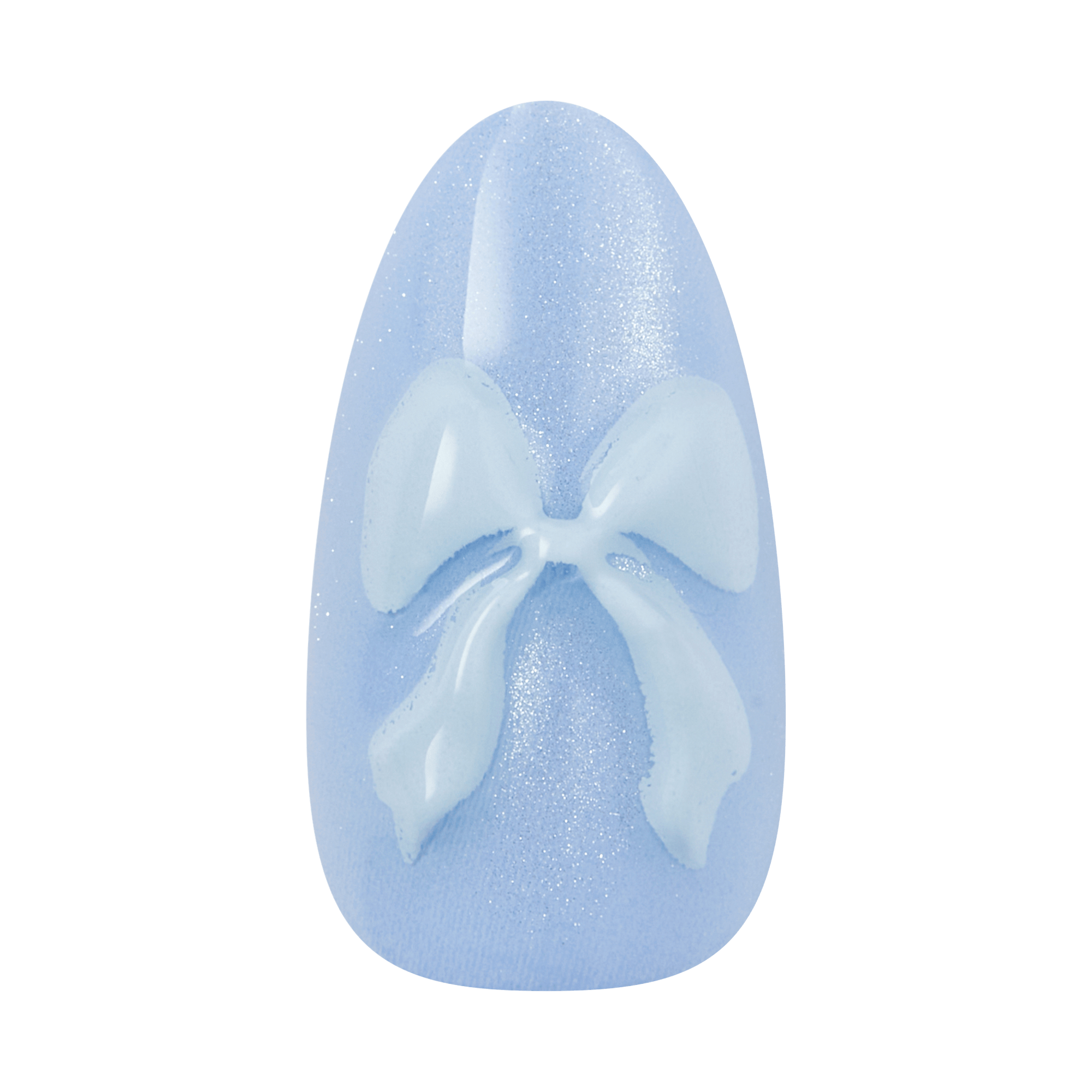 Light blue almond nail with glittery finish and white bow design.