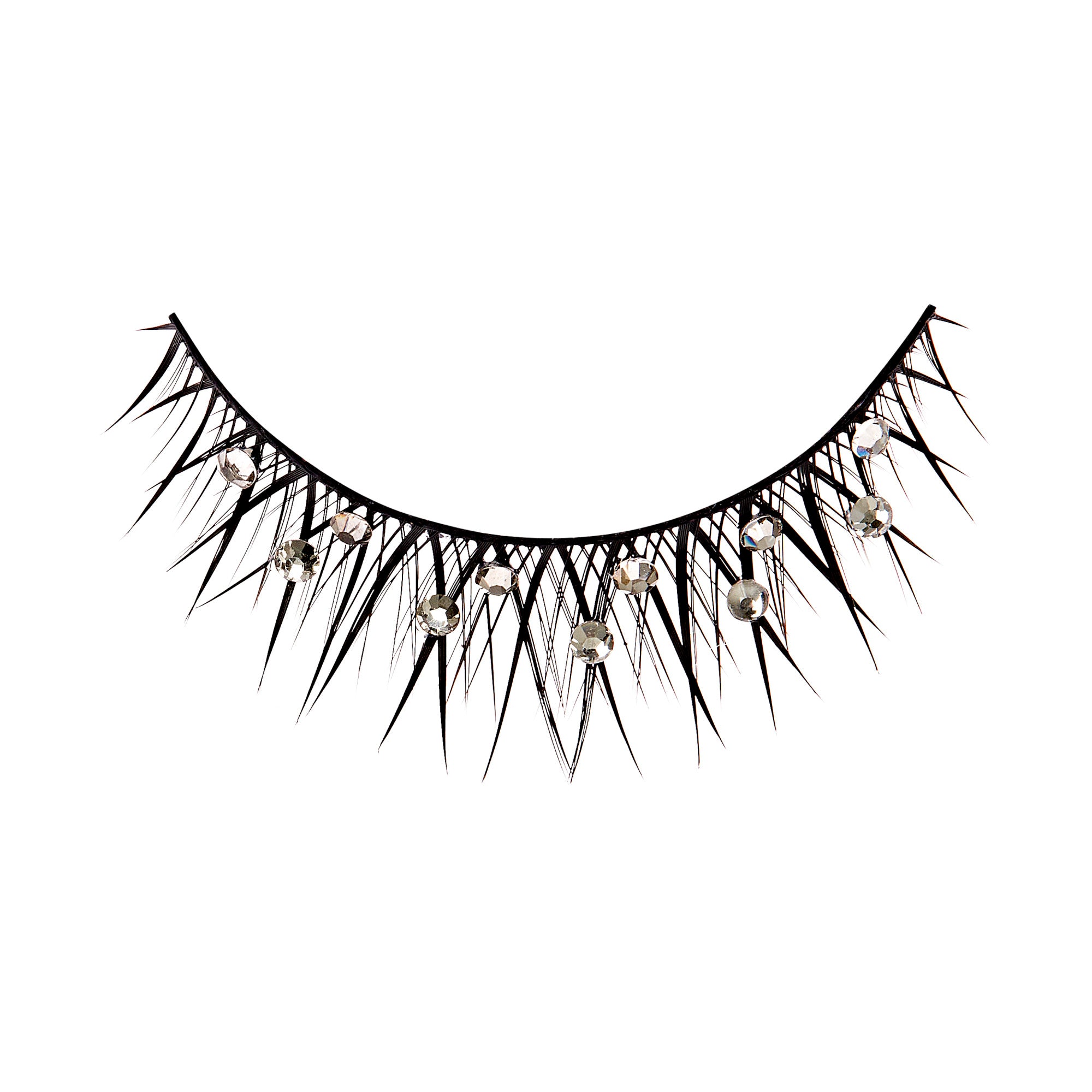 The image shows a single false eyelash strip designed for decorative purposes. The eyelash strip is black and features long, spiky lashes. Attached to the base of the strip are small, round, reflective rhinestones, adding a sparkling, glamorous effect. The overall design is bold and dramatic, suitable for special occasions or theatrical makeup.