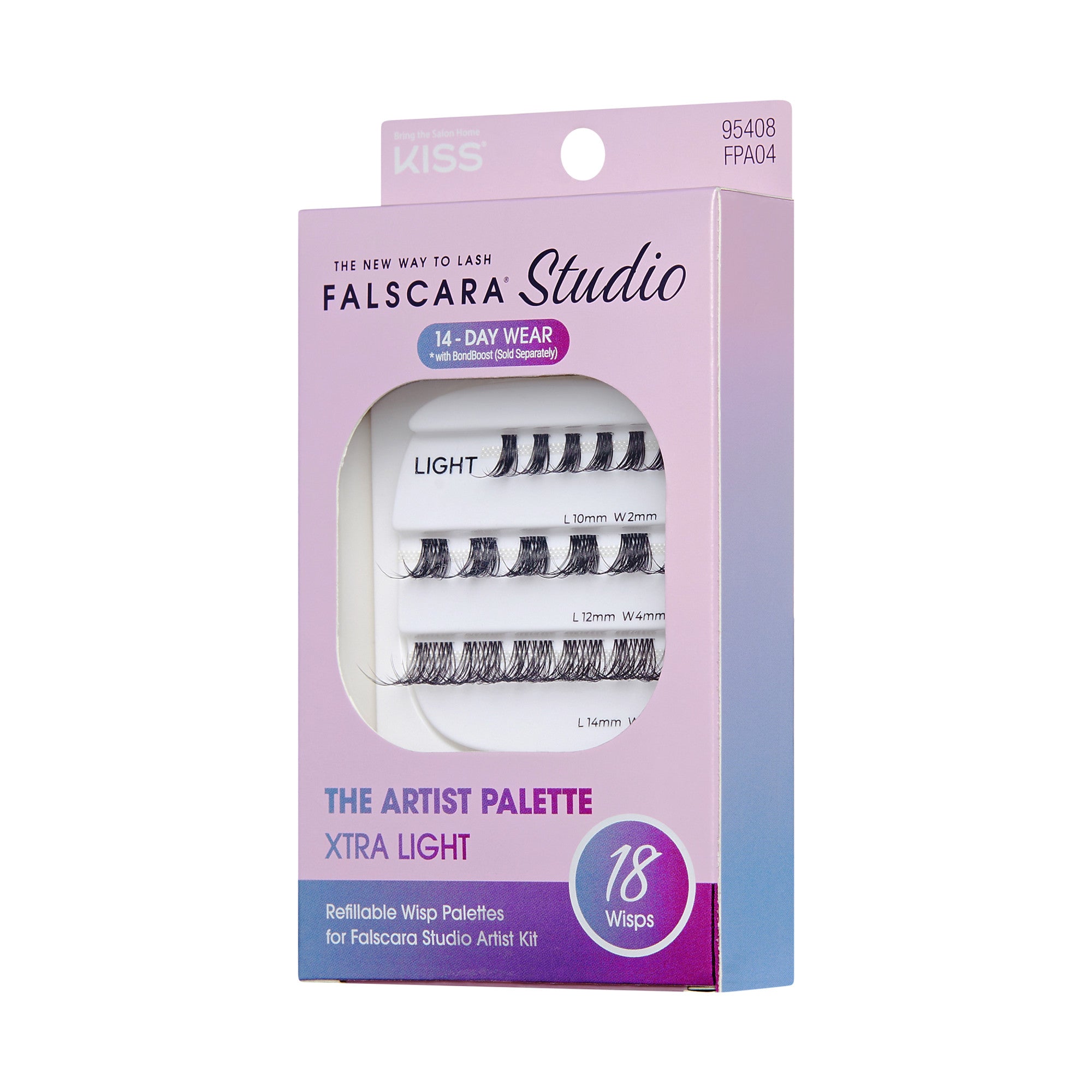 The image features a product packaging for "KISS Falscara Studio" lashes. The box is designed in a gradient of purple to pink and includes the title "THE ARTIST PALETTE" prominently displayed. It indicates that the product is suitable for "14-Day Wear" and is labeled as "XTRA LIGHT." The packaging showcases three rows of false lashes, with a total of 18 wisps included. The design is sleek and modern, appealing to beauty enthusiasts looking for easy-to-apply lash options.