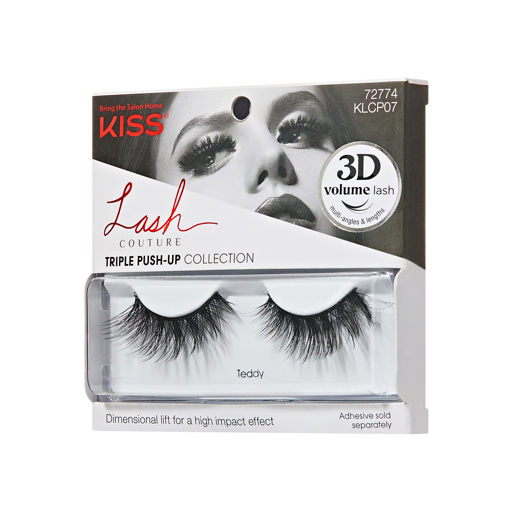 False eyelashes in black from the Kiss Lash Couture Triple Push-Up Collection in Teddy style, with packaging showing a close-up woman&