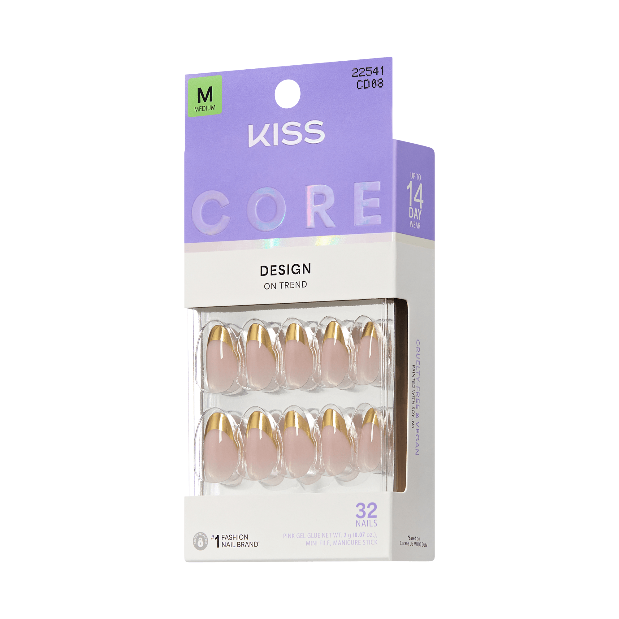 KISS Core Design nail set with 32 medium nails, gold ombre tips, up to 14 day wear.