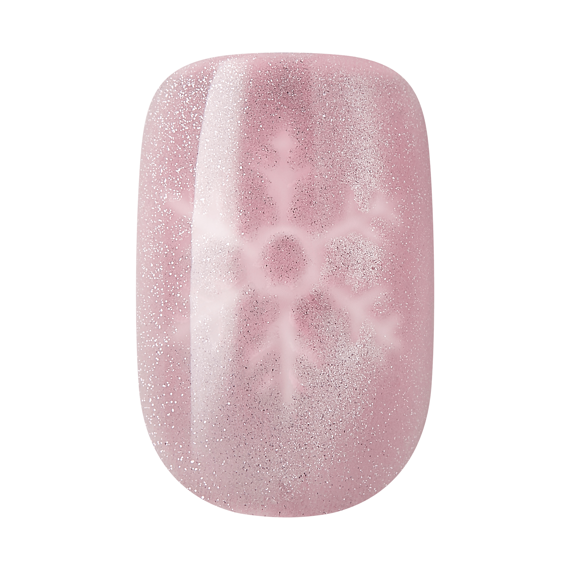 Glossy pink press-on nail with fine silver glitter and a subtle embossed snowflake design in the center, reflecting a holiday theme.