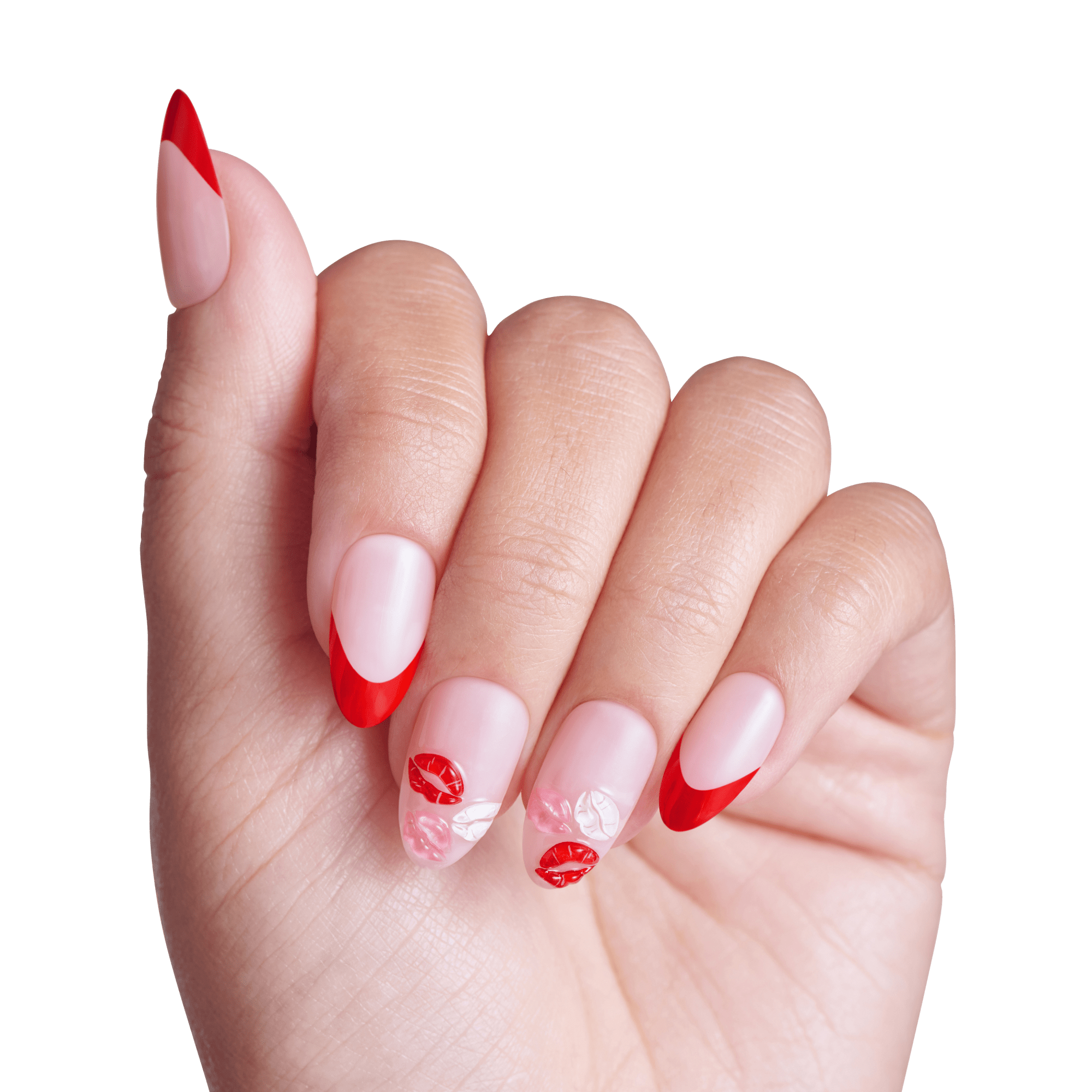 Red and pink ombre manicure with lip nail art on almond-shaped nails.