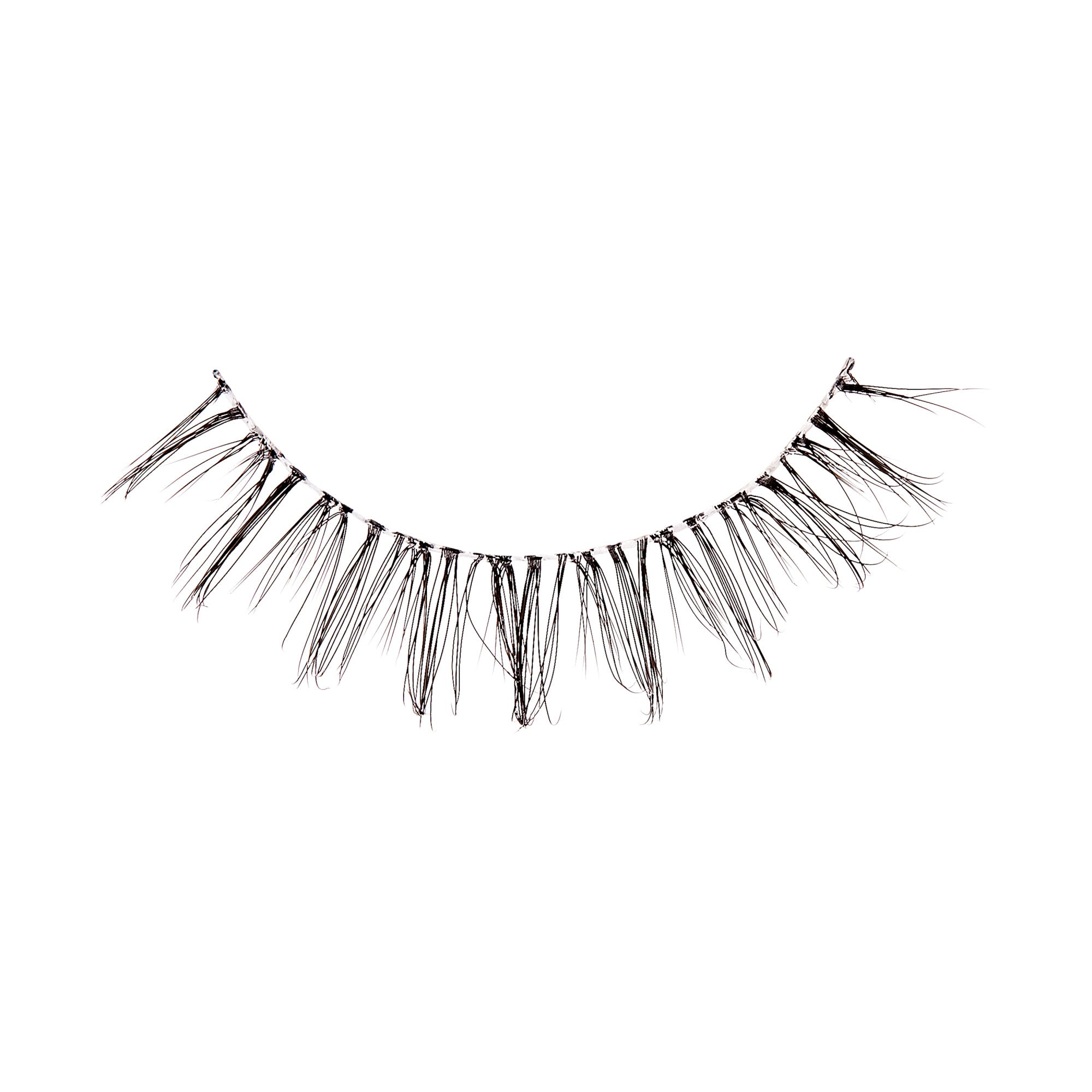 The image shows a single strip of false eyelashes. The eyelashes are arranged in a semi-circular shape, designed to mimic the natural curve of the eyelid. The lashes are long, wispy, and appear to be made of synthetic fibers. They are spaced evenly along the strip, with some lashes being slightly longer than others to create a more natural and voluminous look. The base of the strip is thin and flexible, allowing for easy application to the eyelid.