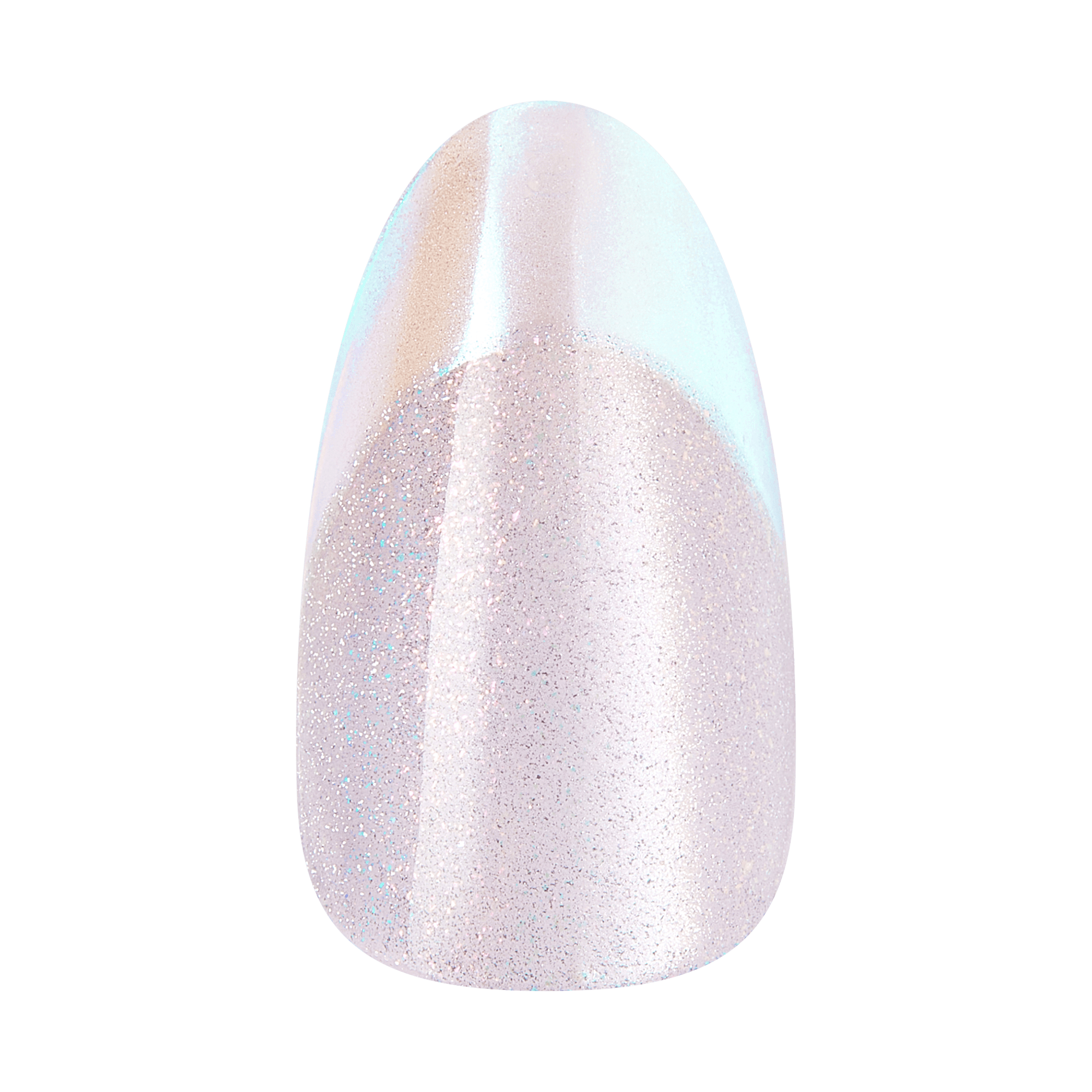 Oval gel nail polish in iridescent pale pink with glitter finish
