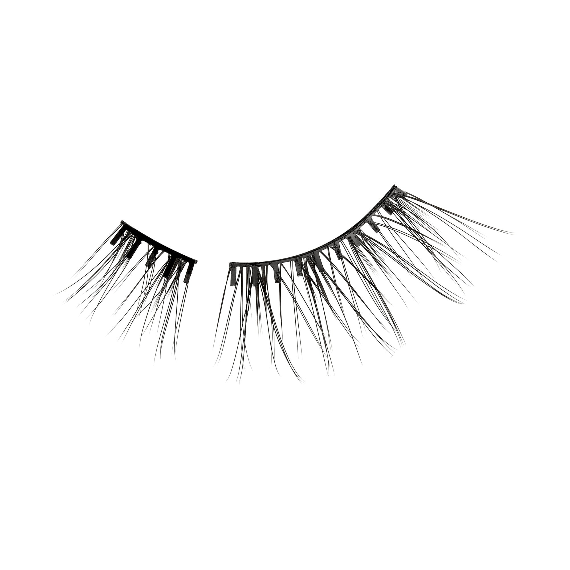 The image features a pair of false eyelashes. One strip is slightly separated from the other, showcasing a dramatic, elongated design. The lashes are black and have varying lengths, with the outer edges being longer and more pronounced, creating a fluttery effect. The background is plain white, emphasizing the lashes&