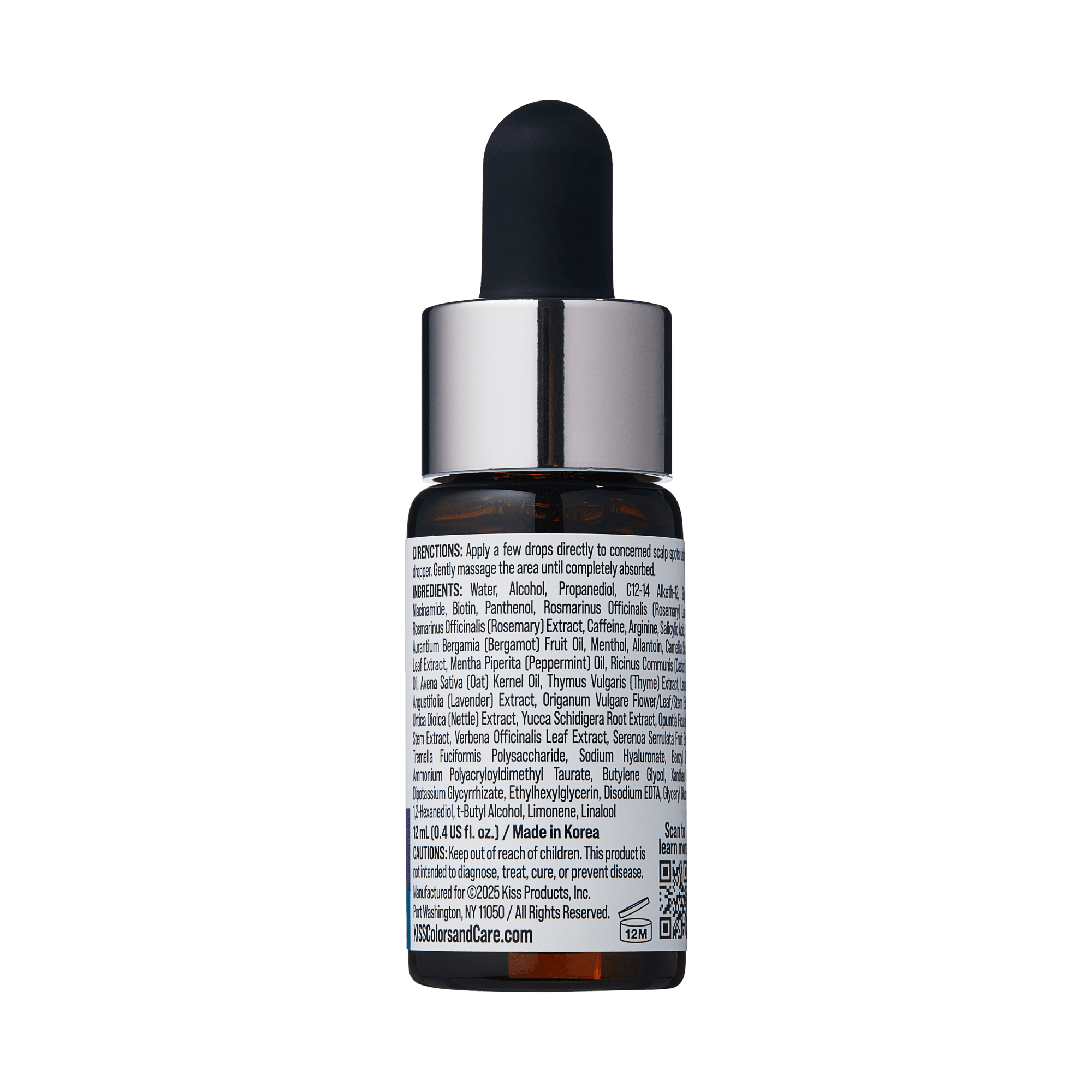 Small amber dropper bottle with silver cap labeled with detailed ingredients and directions, made in Korea, for spot fixer growth serum.