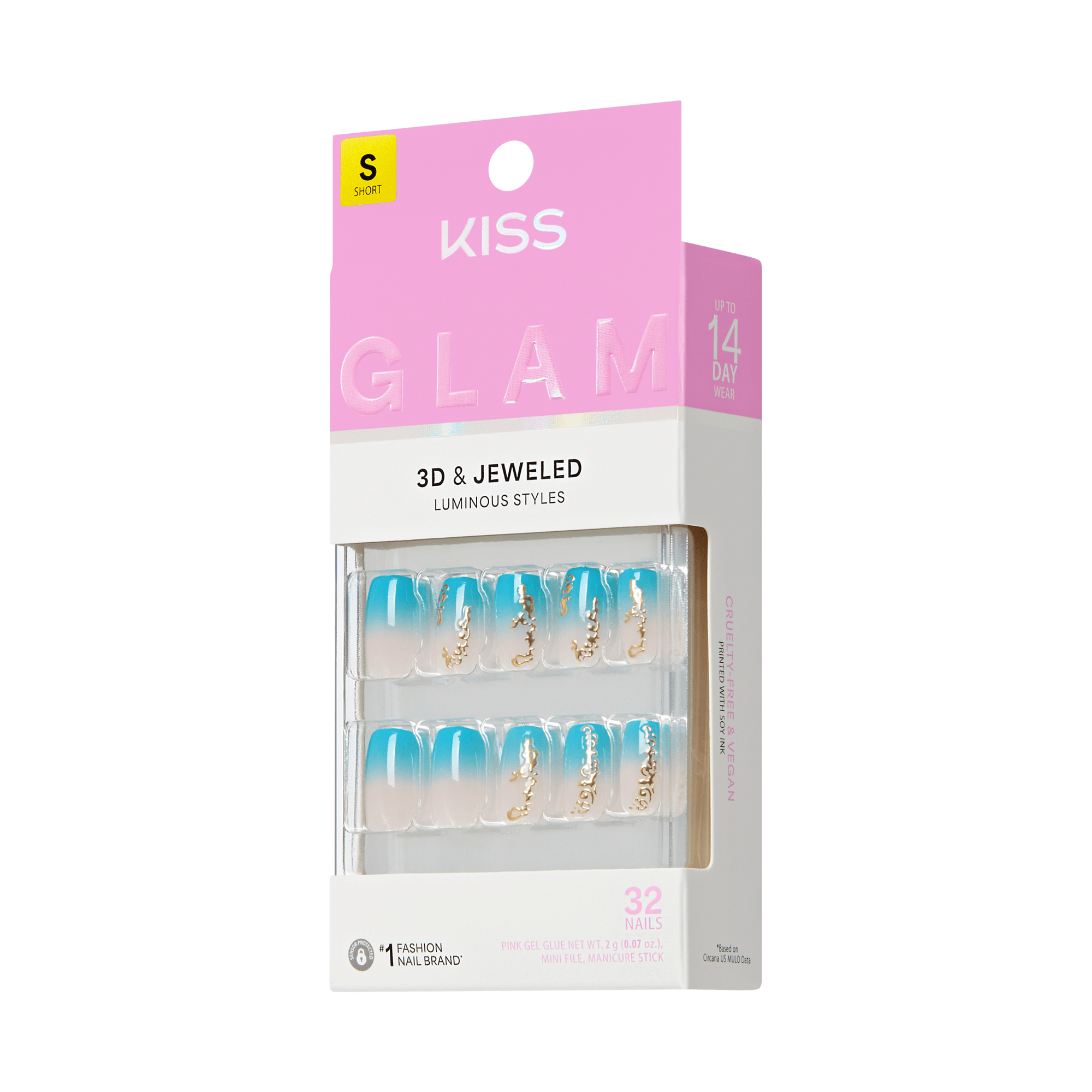 KISS Glam 3D & Jeweled Luminous Styles press-on nails packaging, Short size, 32 nails, teal ombre squoval nails with gold chain accents on transparent background