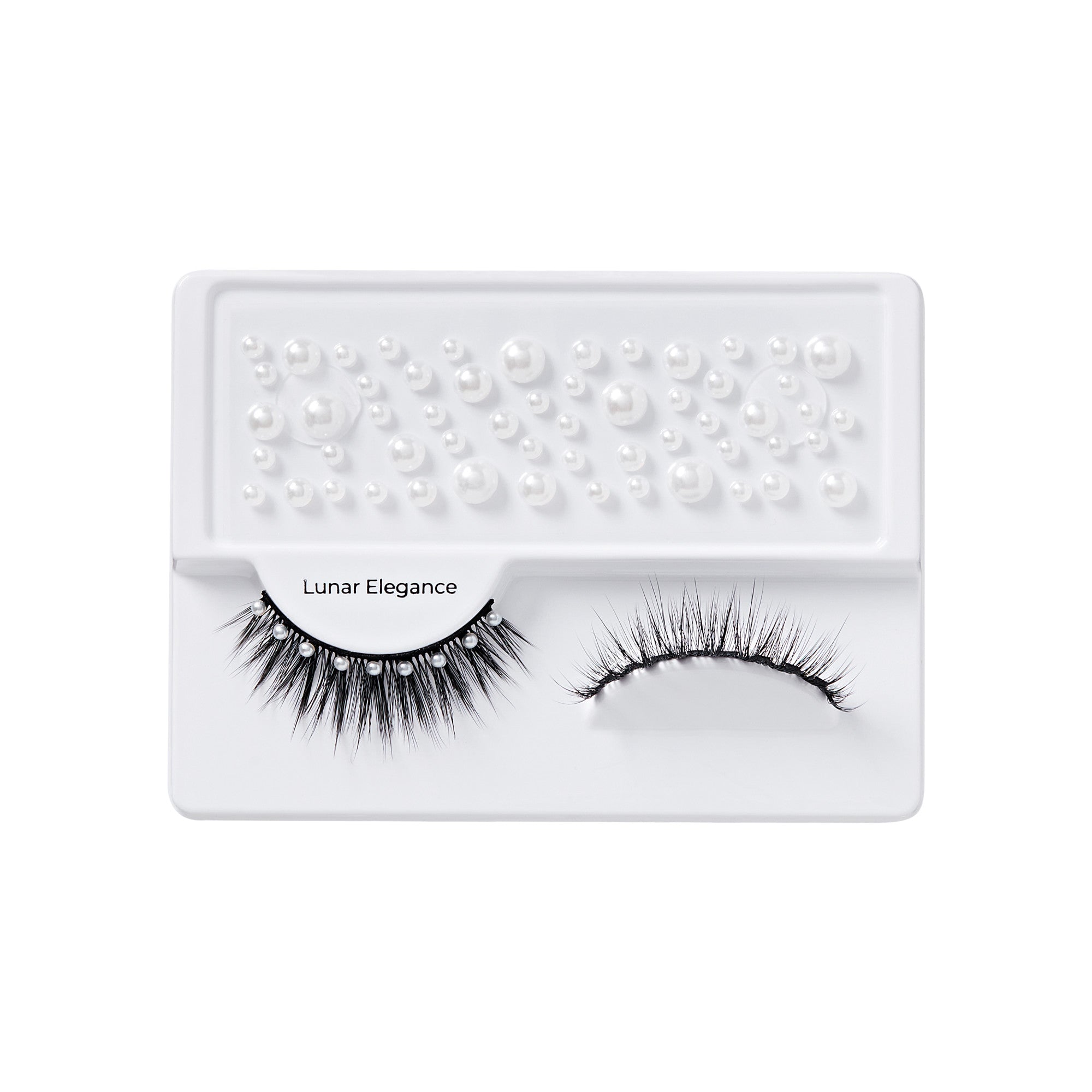 Lunar Elegance false eyelashes in white packaging with pearl embellishments