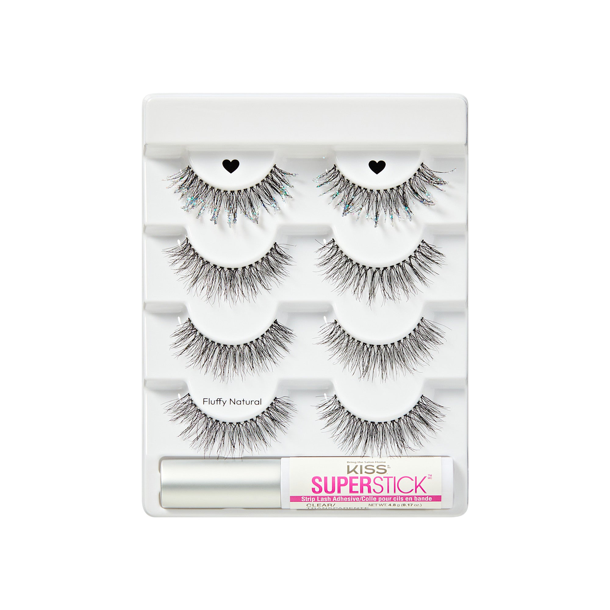 KISS Superstick false lash kit with 4 pairs fluffy natural lashes and adhesive