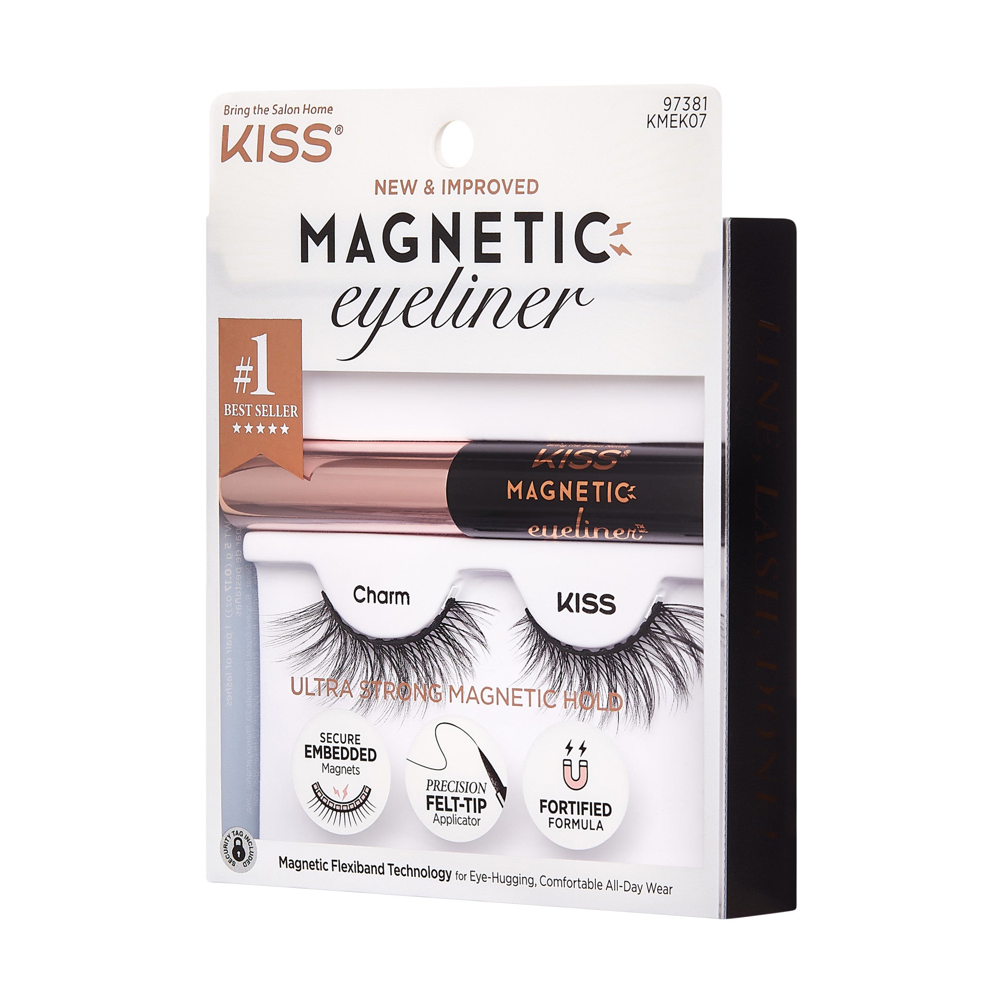 KISS Magnetic Eyeliner & Lashes Charm set in white packaging with rose gold and black eyeliner pen, two magnetic lashes, and text highlighting ultra-strong magnetic hold and precision felt-tip applicator.