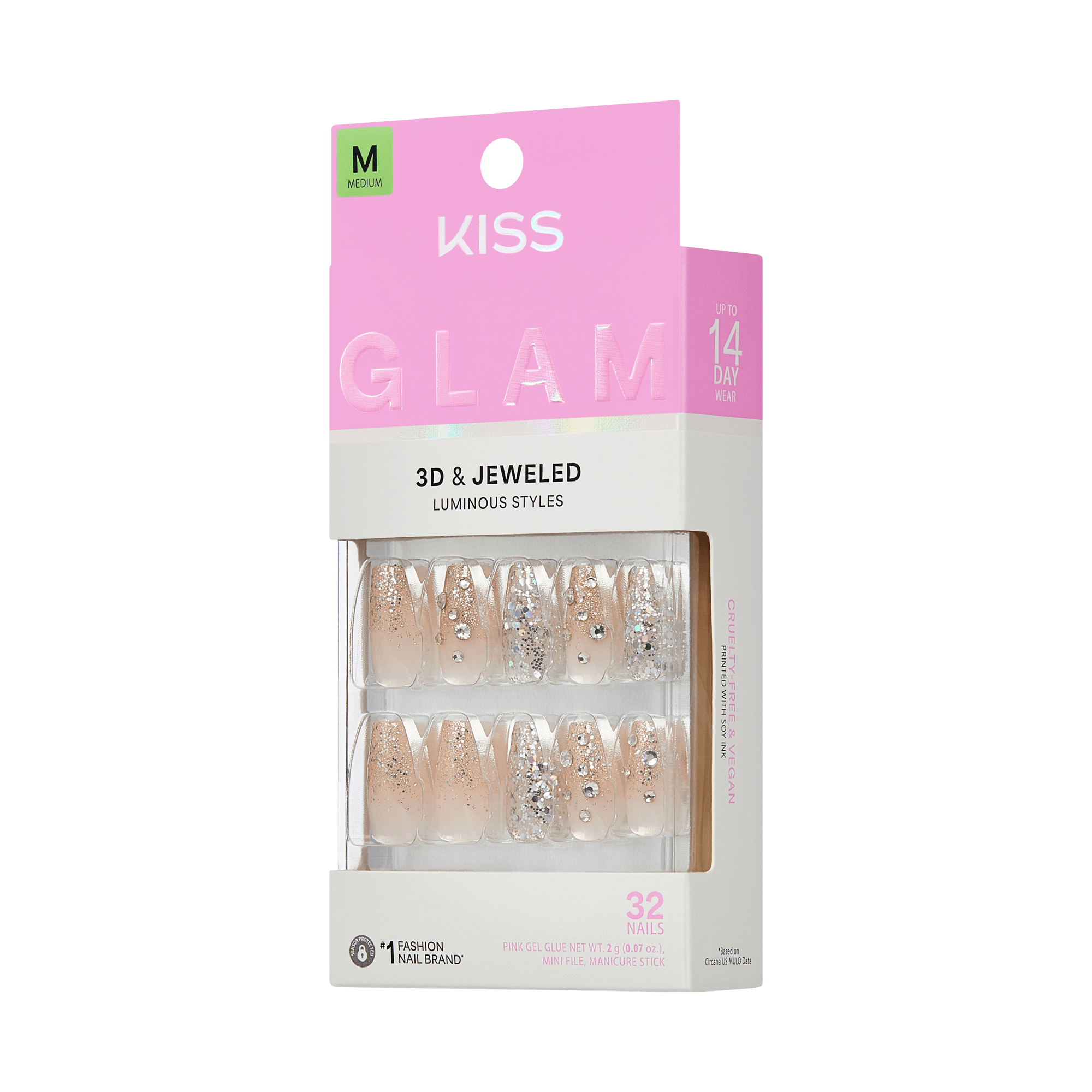 Kiss Glam 3D & Jeweled Press On Fake Glue Nails - Yours | 3D & Jewel Design, Pink, Medium, Coffin