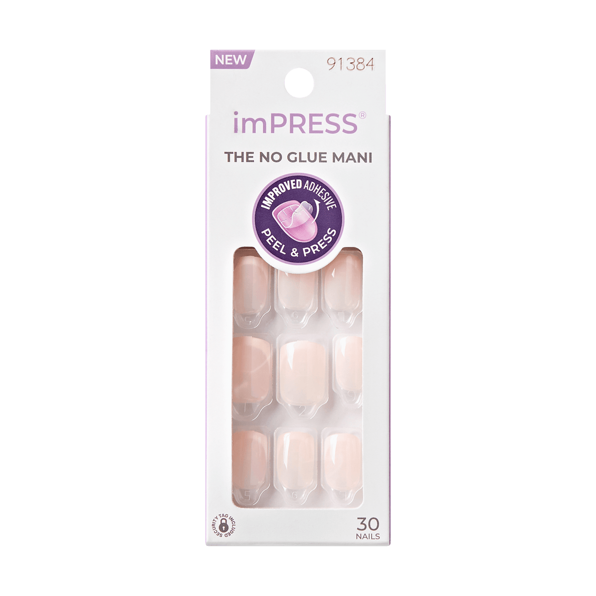 The image features a packaging for imPRESS press-on nails. The design is sleek and modern, showcasing a set of artificial nails in a soft, nude color. The packaging is predominantly white with a clear front that displays the nails inside. It includes the text "NEW" and "THE NO GLUE MANI" prominently, indicating that these nails use an improved adhesive that allows for easy application by peeling and pressing. The package contains 30 nails, suggesting a variety of sizes for a customizable fit.
