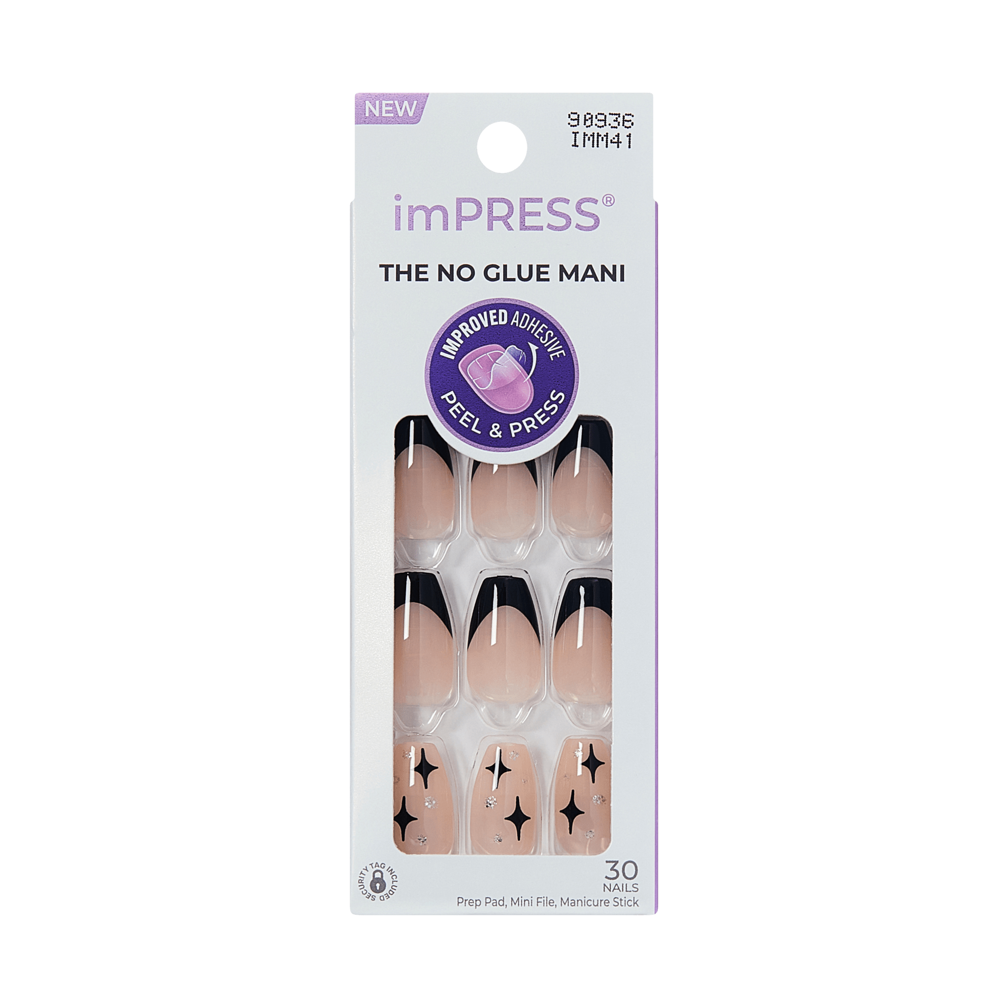 Pack of 30 imPRESS press-on nails featuring black French tips and starry accent nails, labeled \