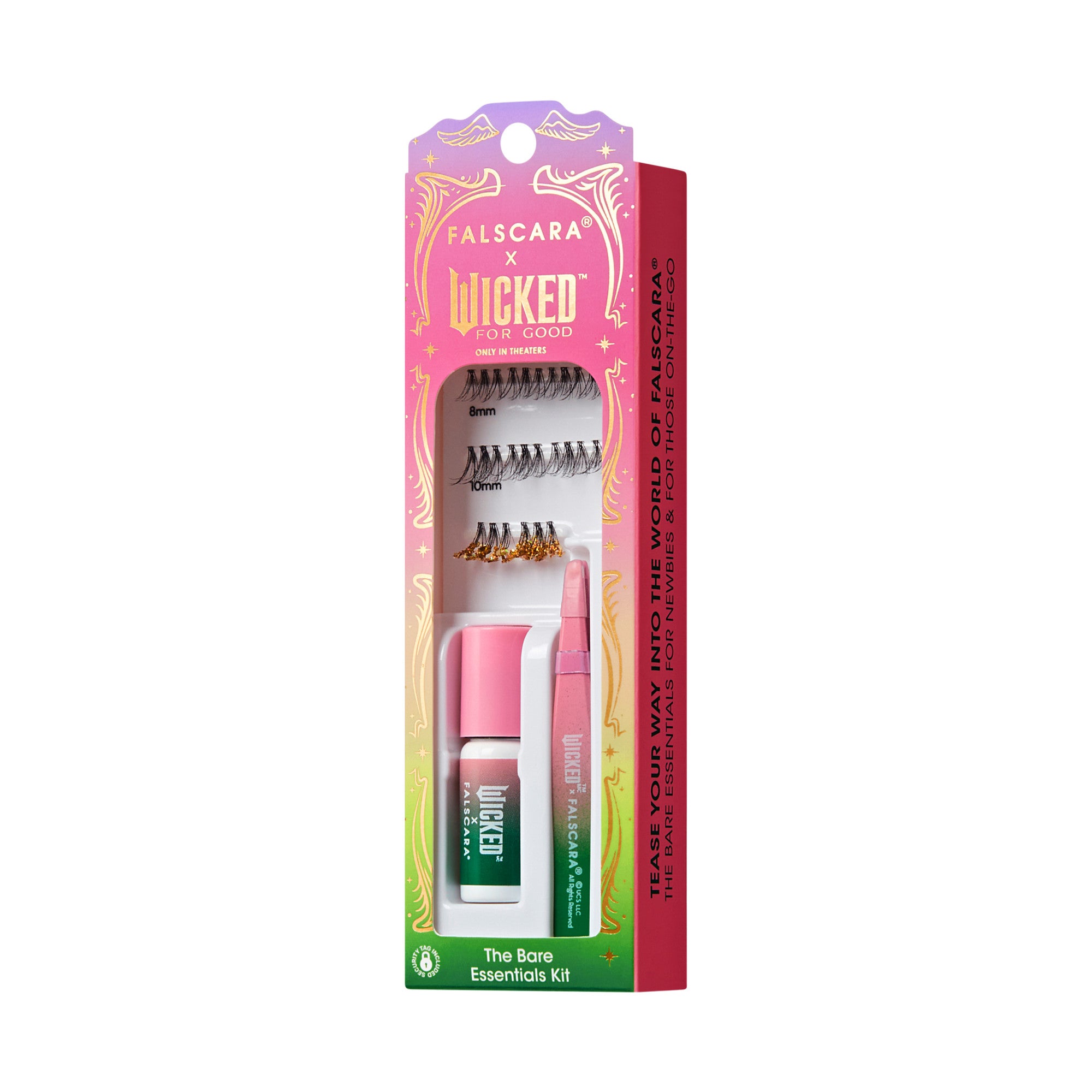 Falscara x Wicked For Good eyelash kit with natural and glitter lashes, lash adhesive, and applicator in pink and green gradient packaging.
