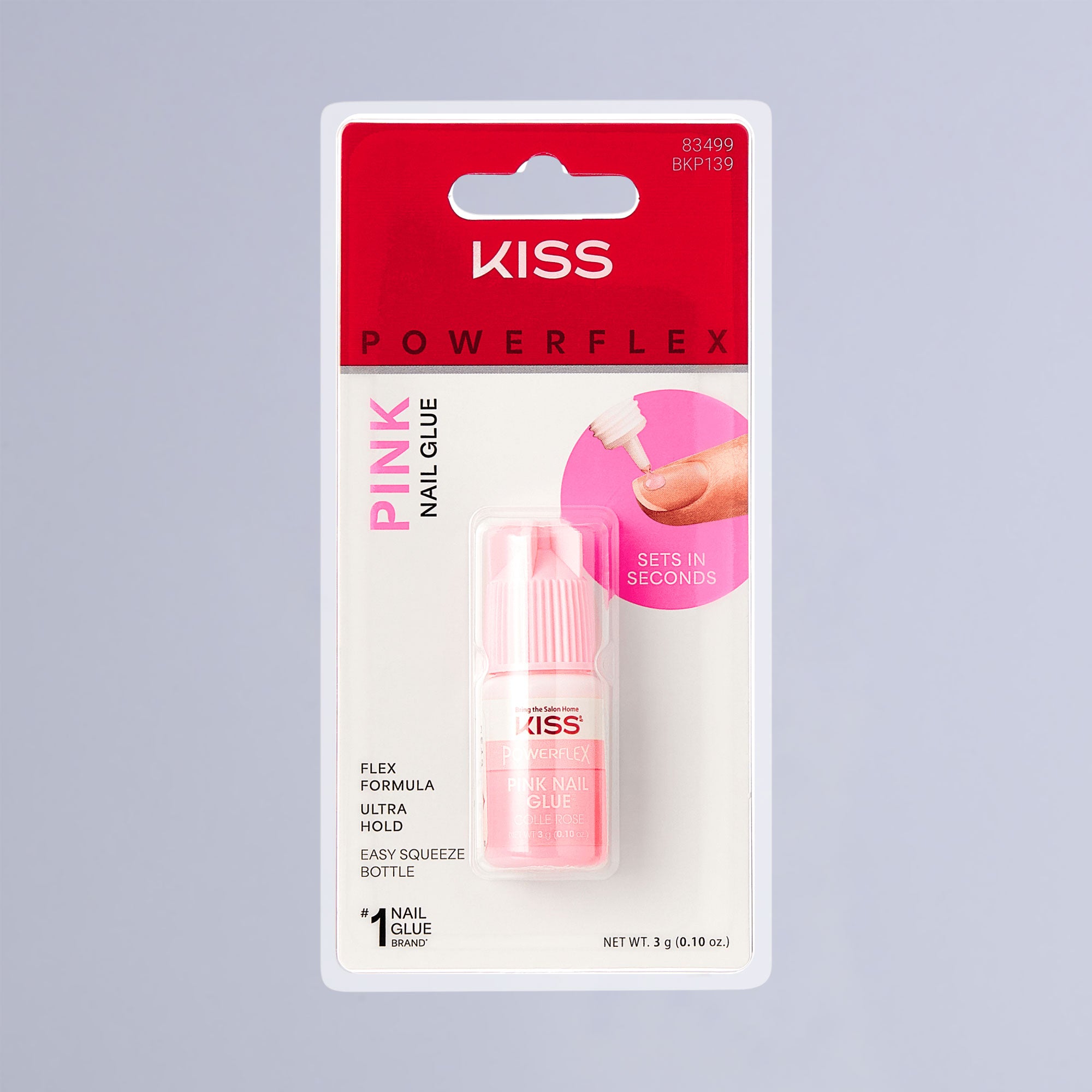 KISS PowerFlex Pink Nail Glue in 0.10 oz pink squeeze bottle, packaged on white and red backing with text highlighting flex formula, ultra hold, and quick setting.