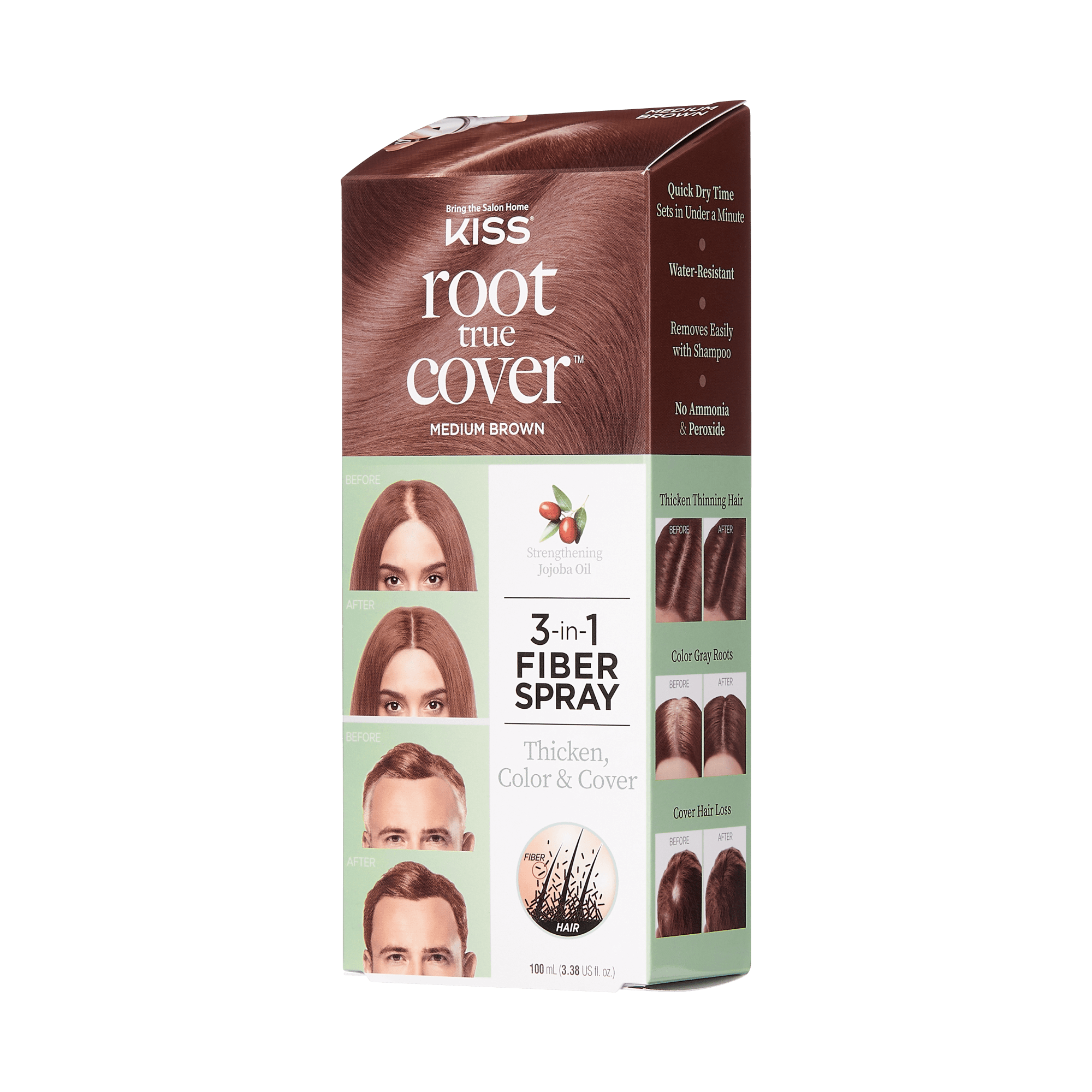 KISS Colors & Care True Cover Root Touch-Up Spray box in medium brown with product claims of quick dry time, water-resistant, easy removal with shampoo, and no ammonia or peroxide. Includes before-and-after photos showing coverage of gray roots, thinning hair, and hair loss.