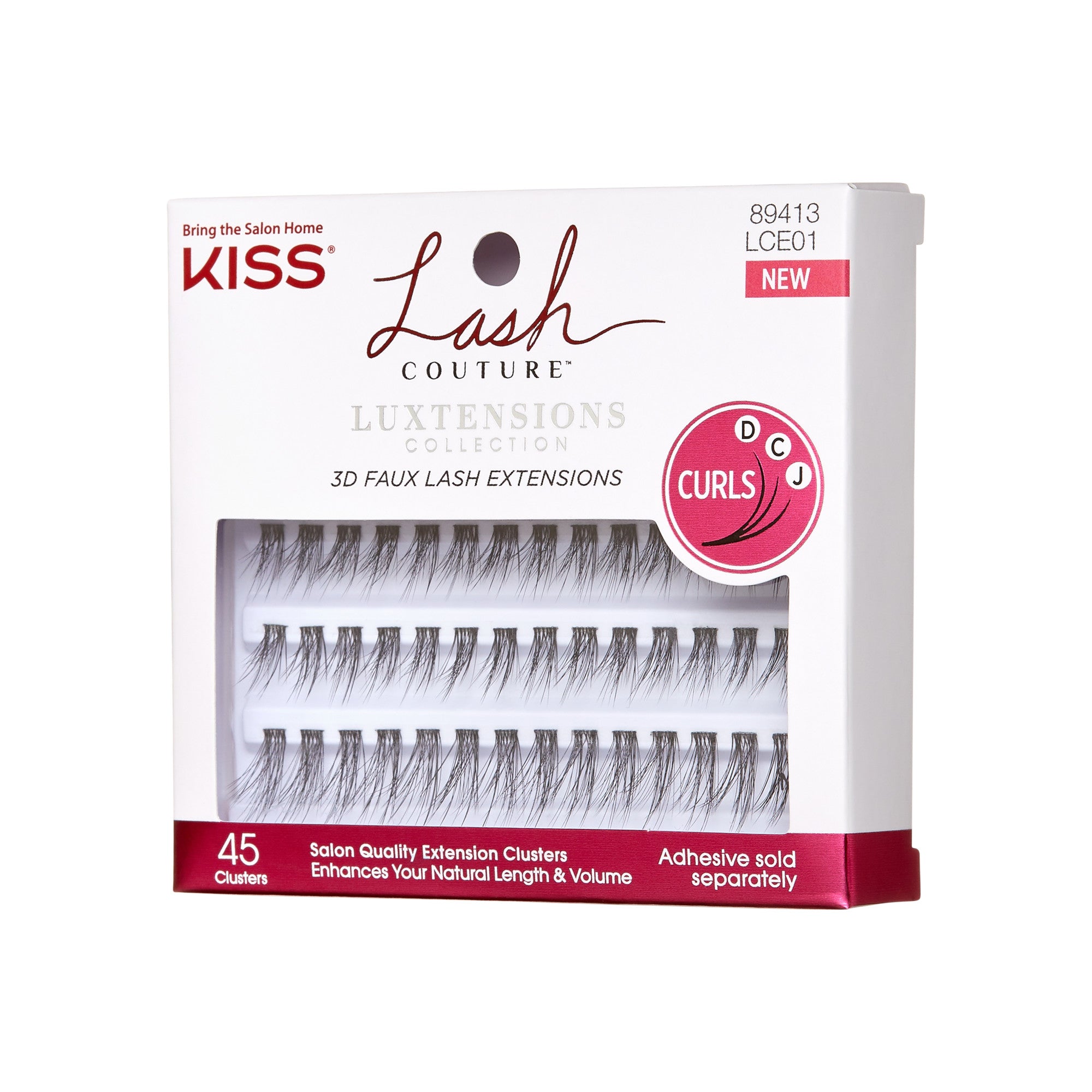 KISS Lash Couture Luxtensions 3D faux lash extensions kit with 45 natural volume clusters, shown in white packaging with red accents and curl type icons.