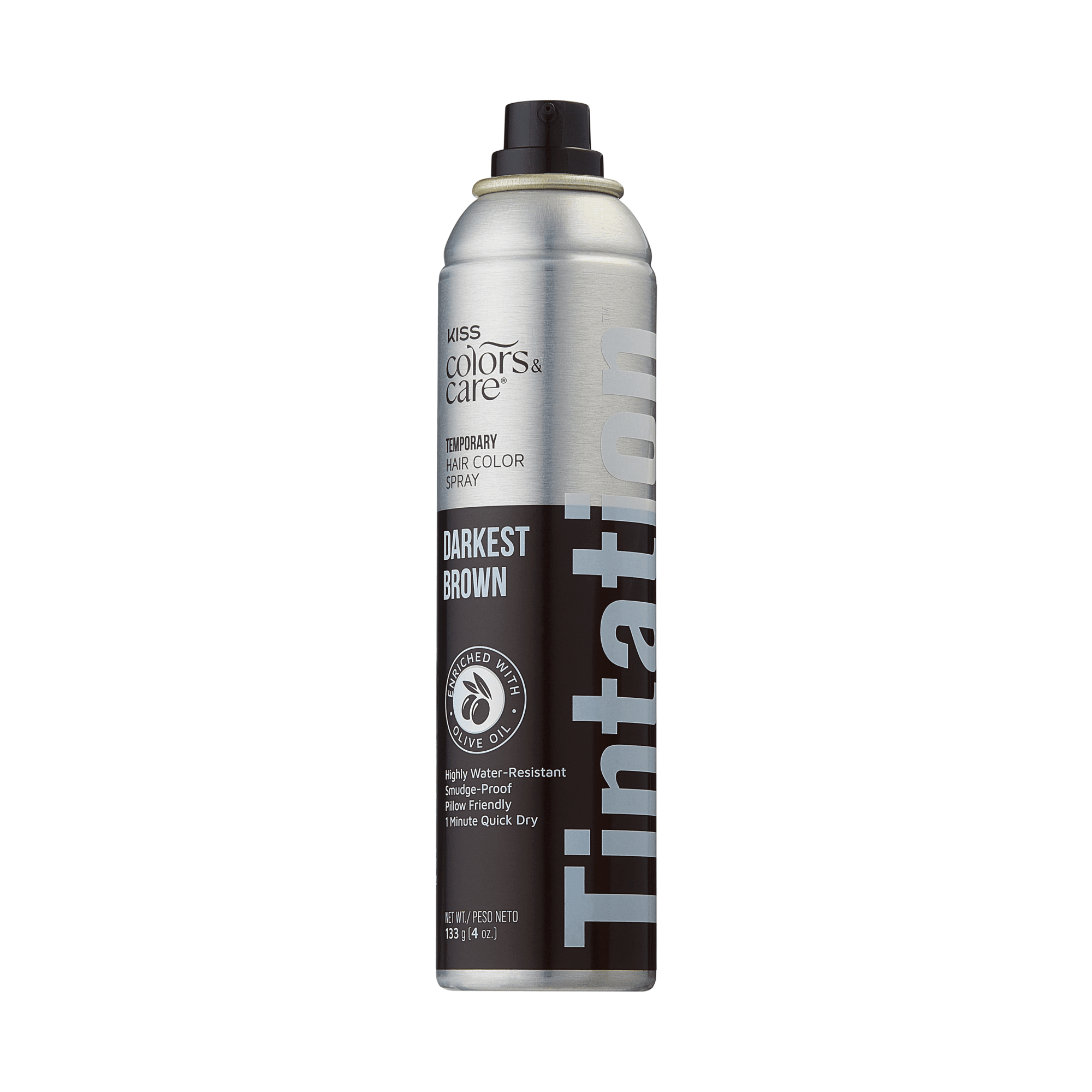The image features a can of temporary hair color spray from the brand "Miss Colors & Care." The can is predominantly silver with a sleek design. It is labeled "Tintation" and indicates the color "Darkest Brown." The text highlights that the product is highly water-resistant, ammonia-free, and provides a quick-dry formula. The can is 4.5 ounces in size.