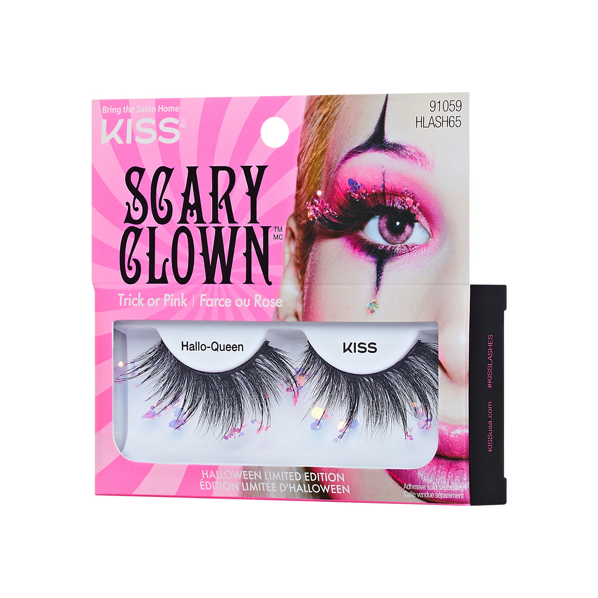 KISS Scary Clown false eyelashes in Trick or Pink with colorful glitter accents, Halloween limited edition.