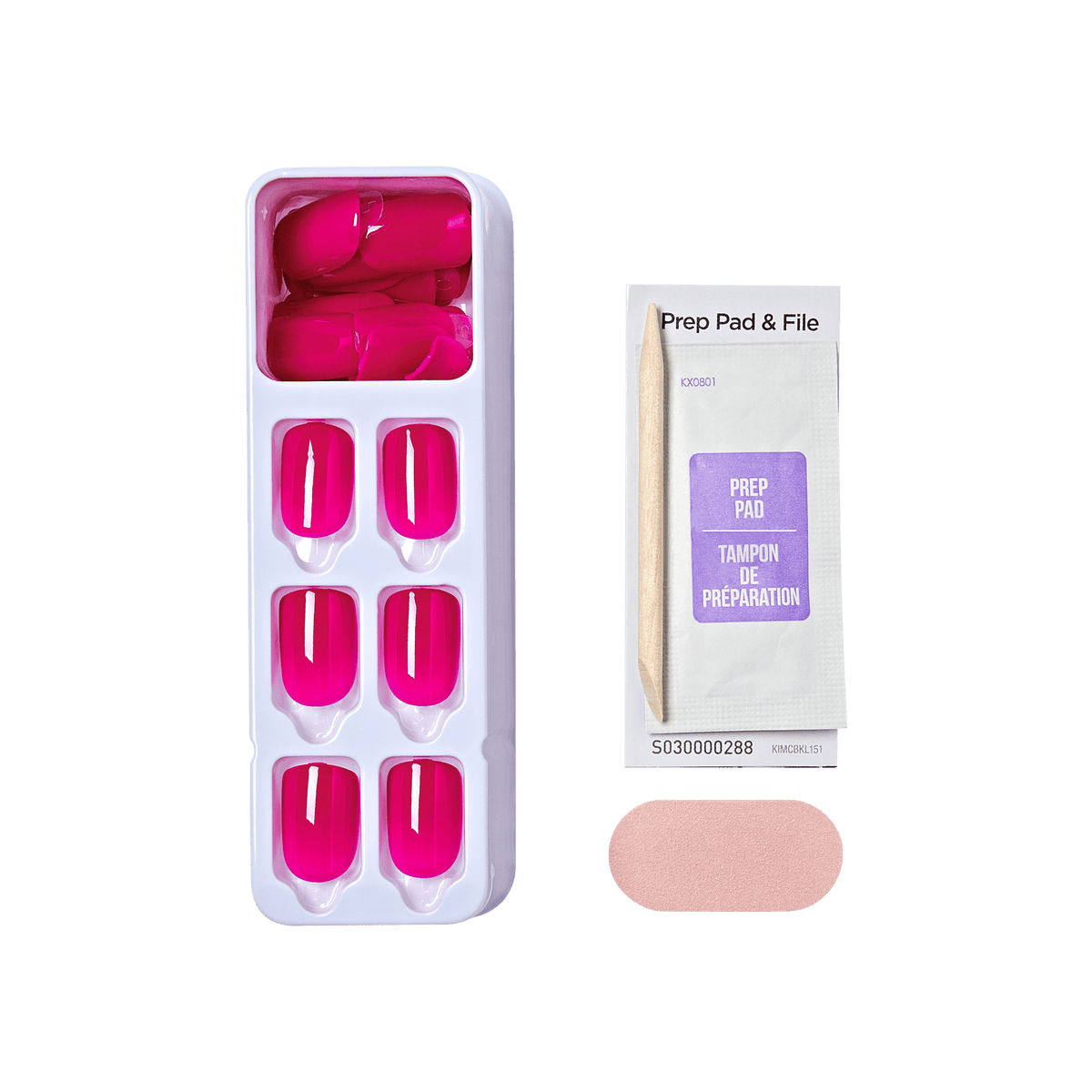 Bright pink glossy press-on nails arranged in a white plastic tray with accompanying prep pad packet, wooden stick, and small pink nail file. The prep pad packet reads \