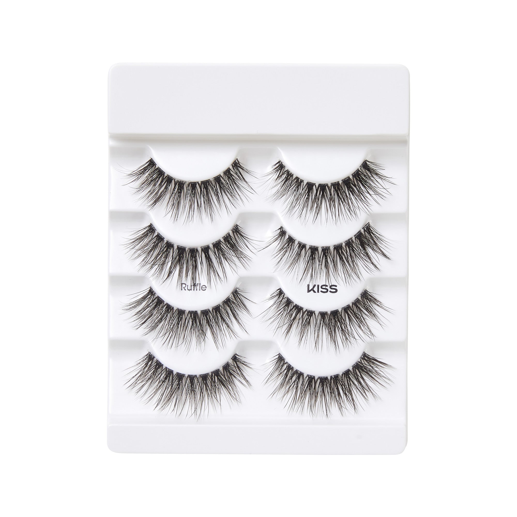 Four pairs of black, wispy false eyelashes in a white plastic tray labeled with \