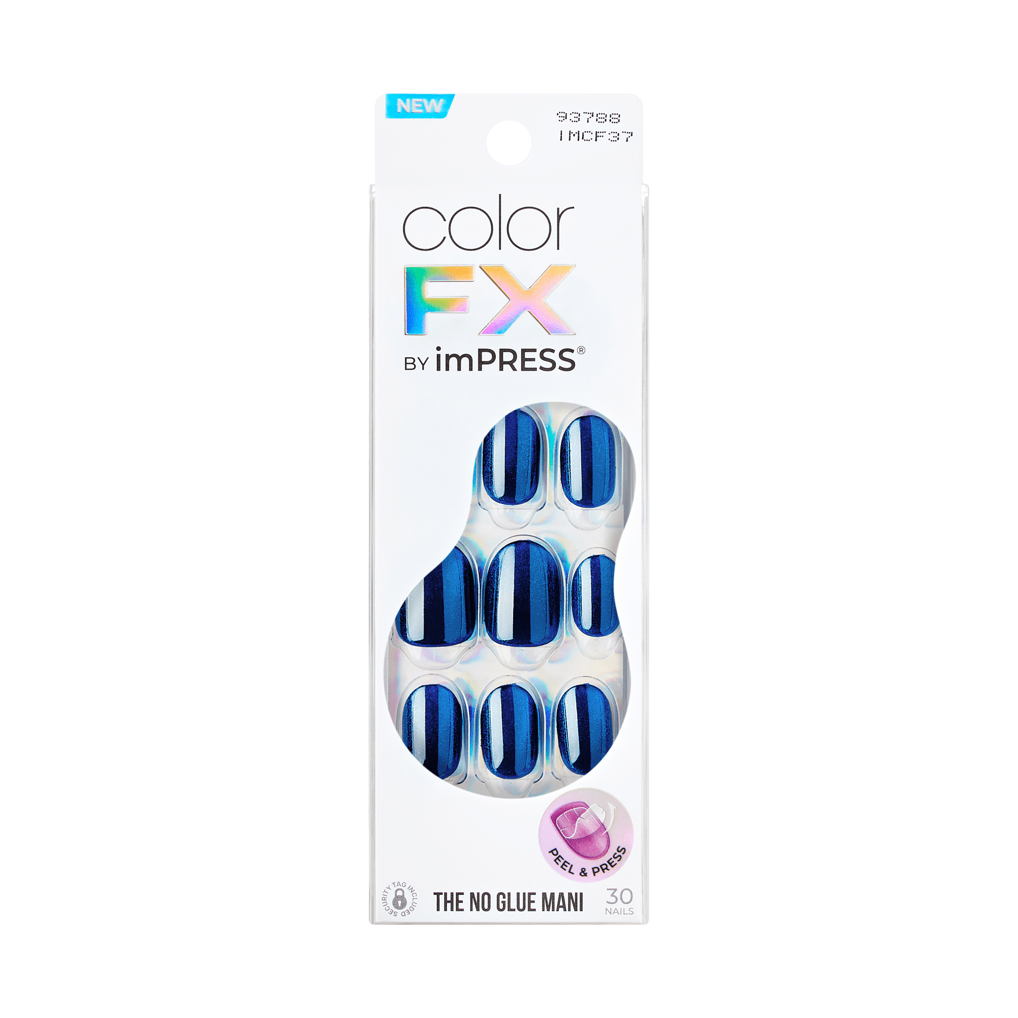 The image features a packaging for "color FX" by imPRESS, which is a brand of press-on nails. The package is predominantly white with a clear window showcasing the nails inside. The nails are designed in a blue color with a shiny, metallic finish and feature a striped pattern. The packaging highlights that these are "the no glue mani" and includes the text "NEW" at the top. The product is labeled with a code (93786) and the brand name prominently displayed.