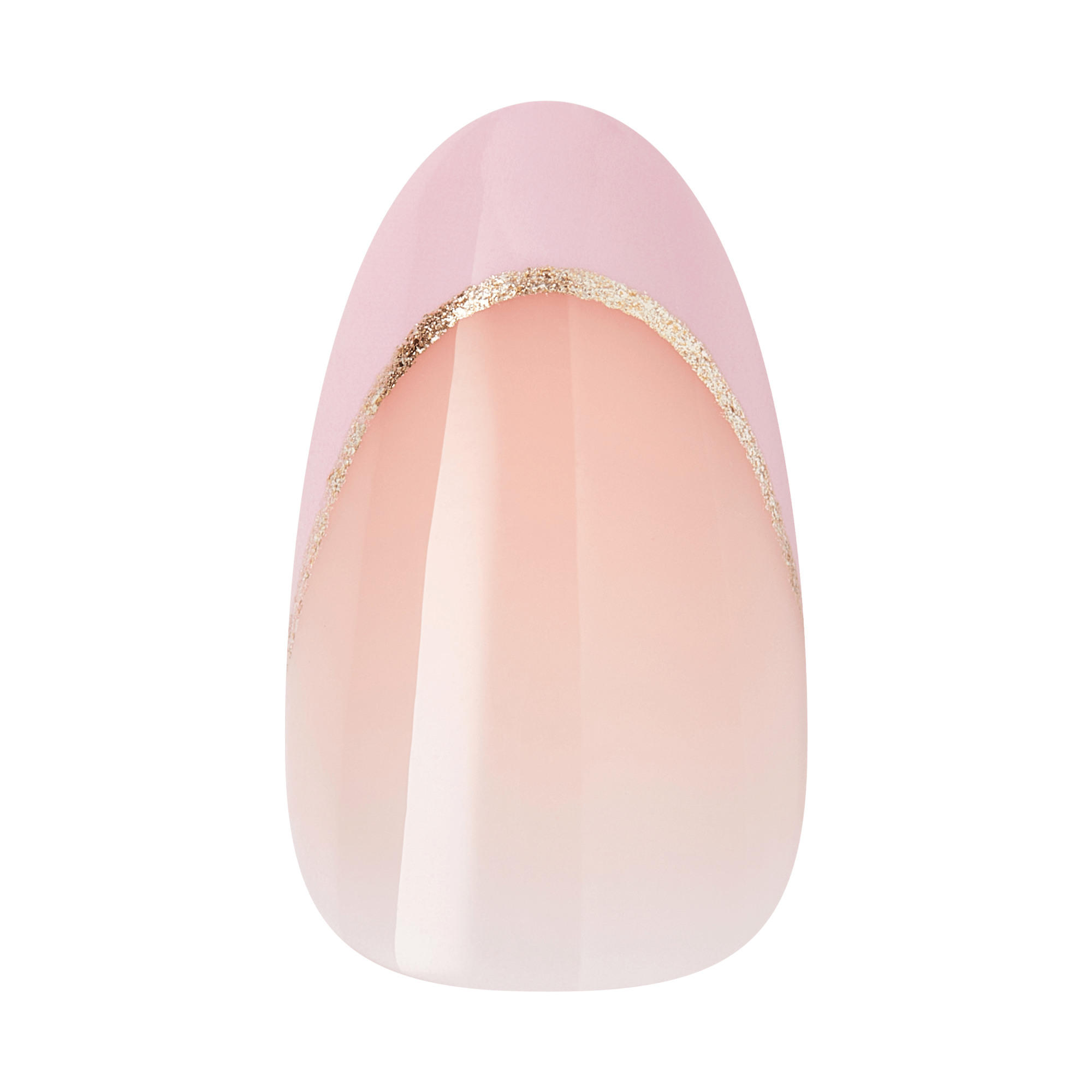 Almond-shaped nail with pink ombre gradient and gold glitter accent line.