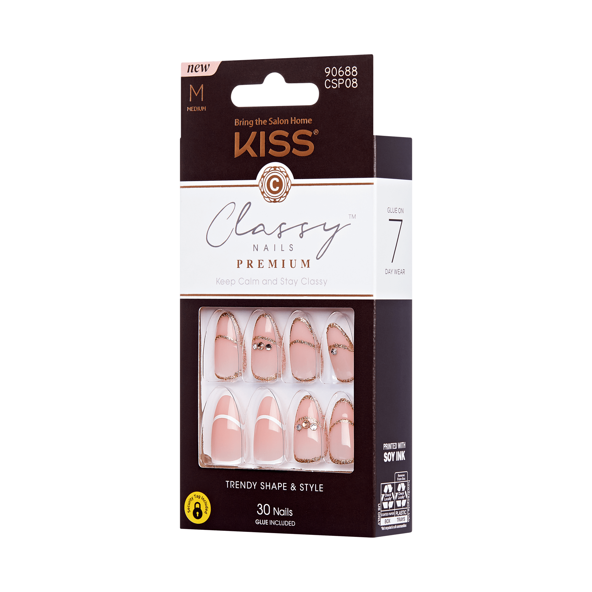 KISS Classy Premium press-on nails packaging, medium size, shows 30 trendy nude nails with gold glitter and rhinestone accents, glue included, 7-day wear.