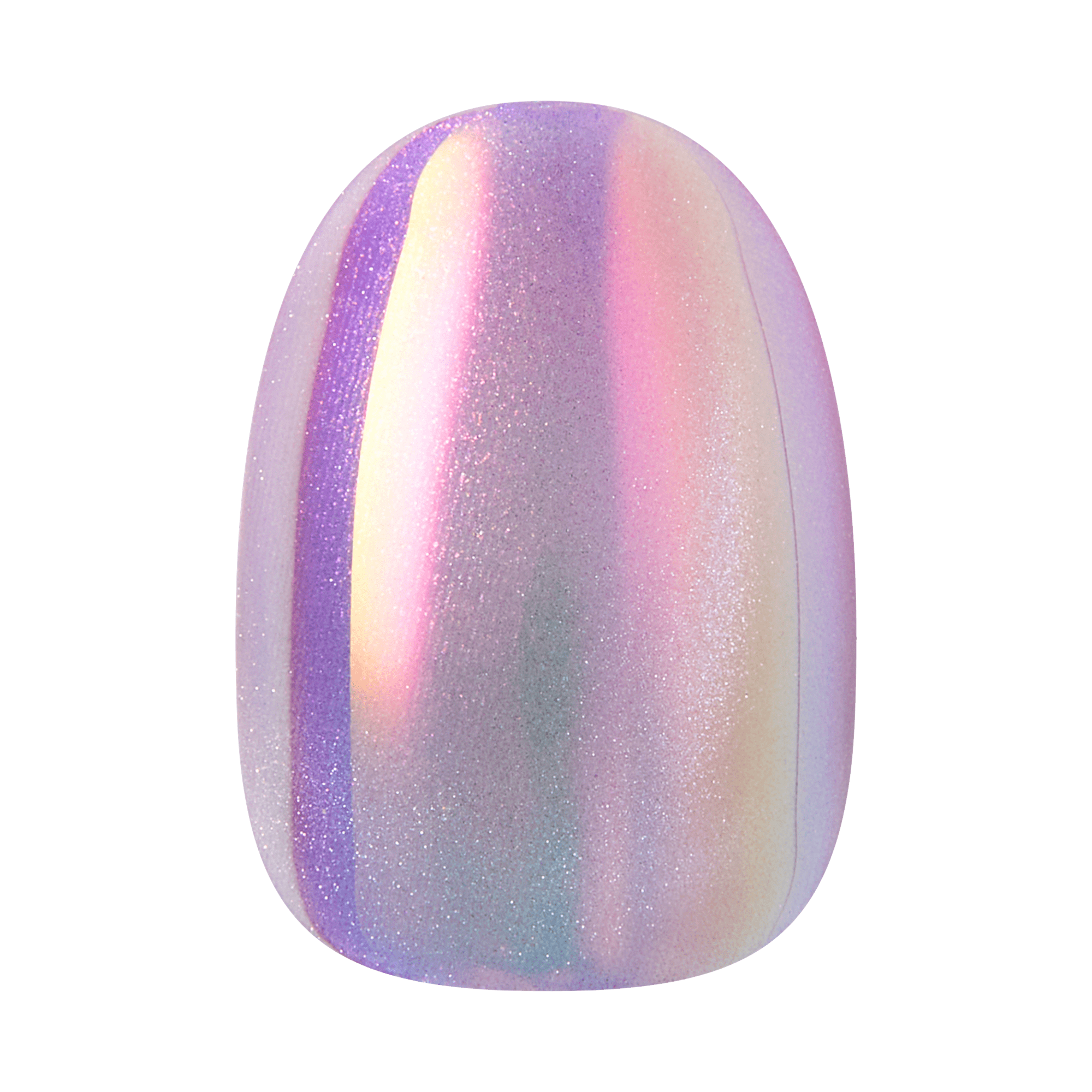 Iridescent purple and pink glittery nail polish swatch with holographic shimmer effect.