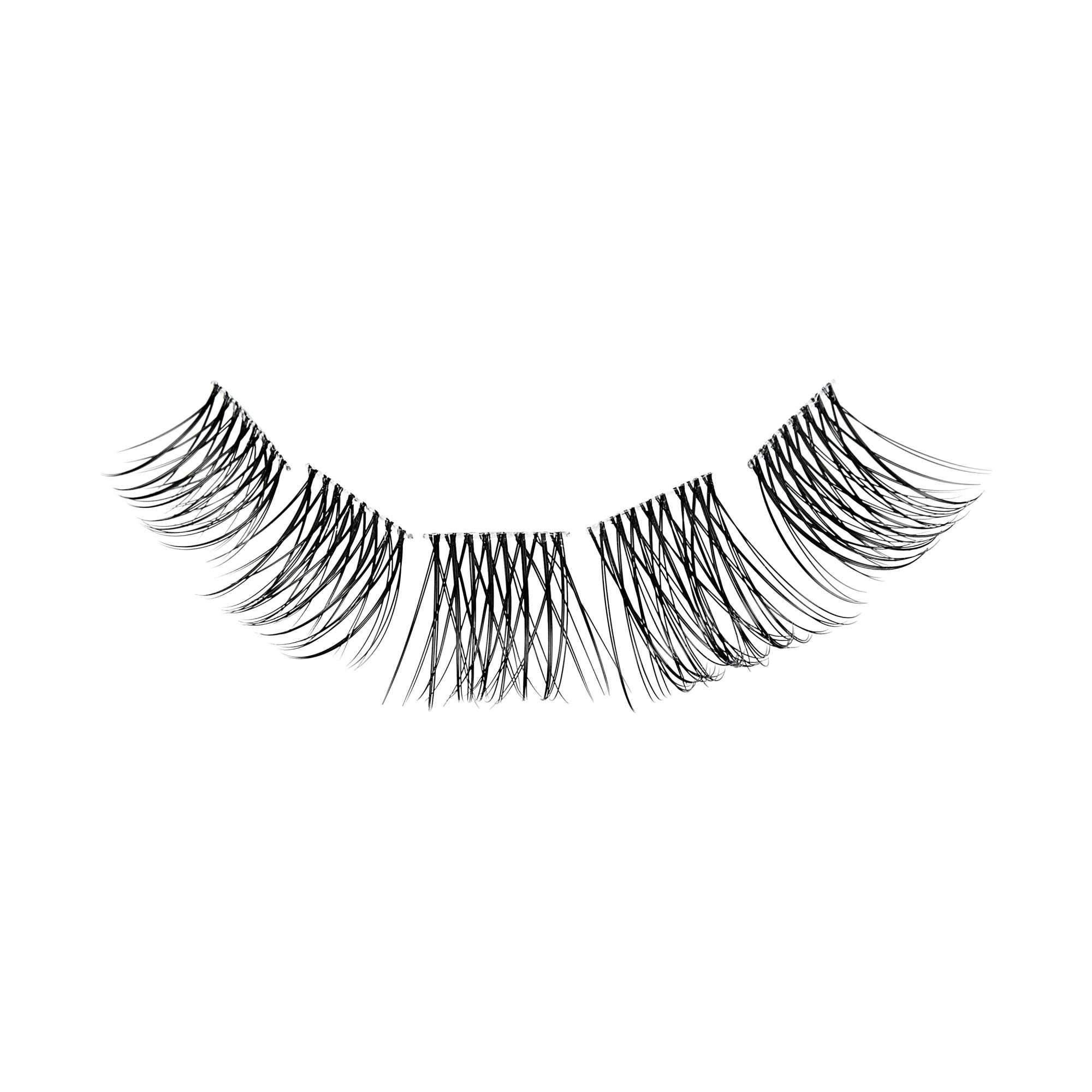 Pair of black false eyelashes with wispy, layered lashes on white background.